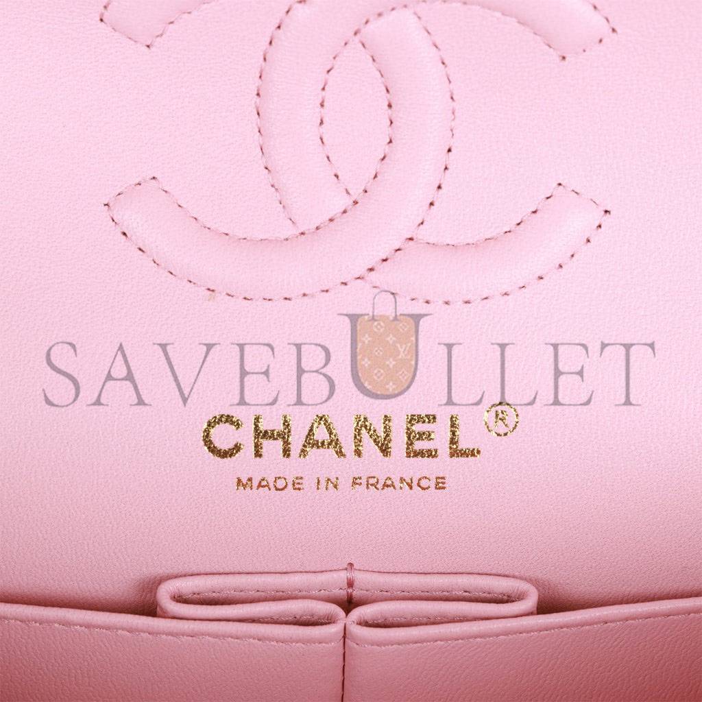 Ch*el small chevron classic double flap pink calfskin light gold hardware (23*13*6cm)