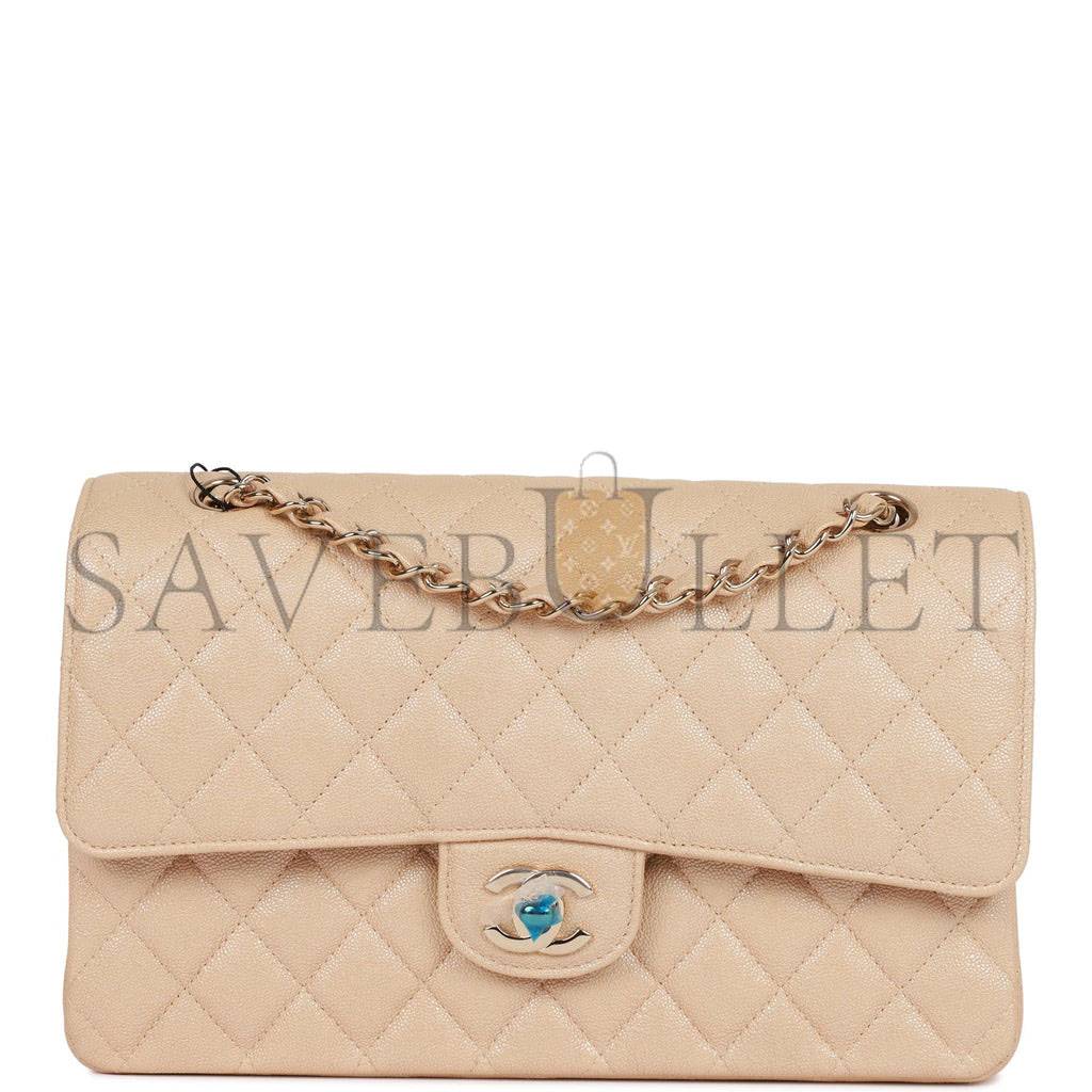 Ch*el medium classic double flap bag beige iridescent caviar light gold hardware (25*15*7cm)
