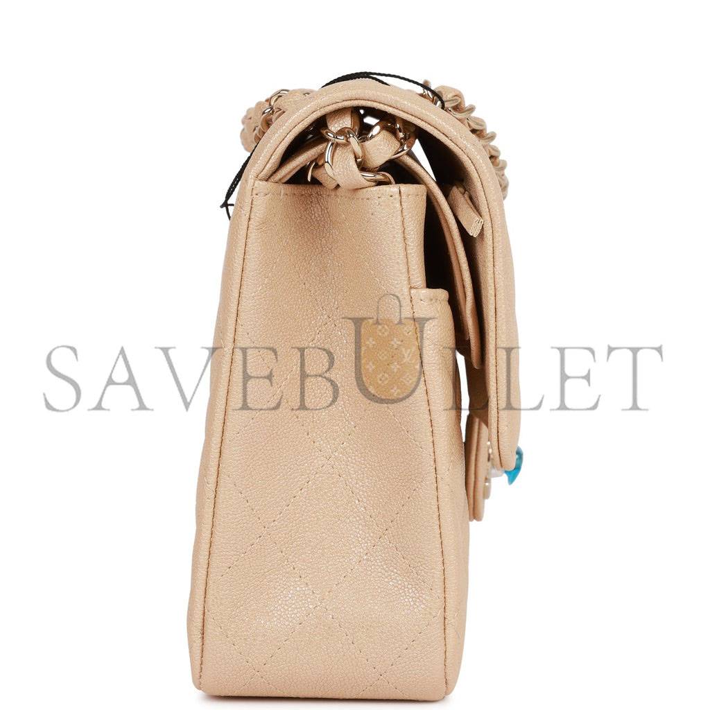 Ch*el medium classic double flap bag beige iridescent caviar light gold hardware (25*15*7cm)