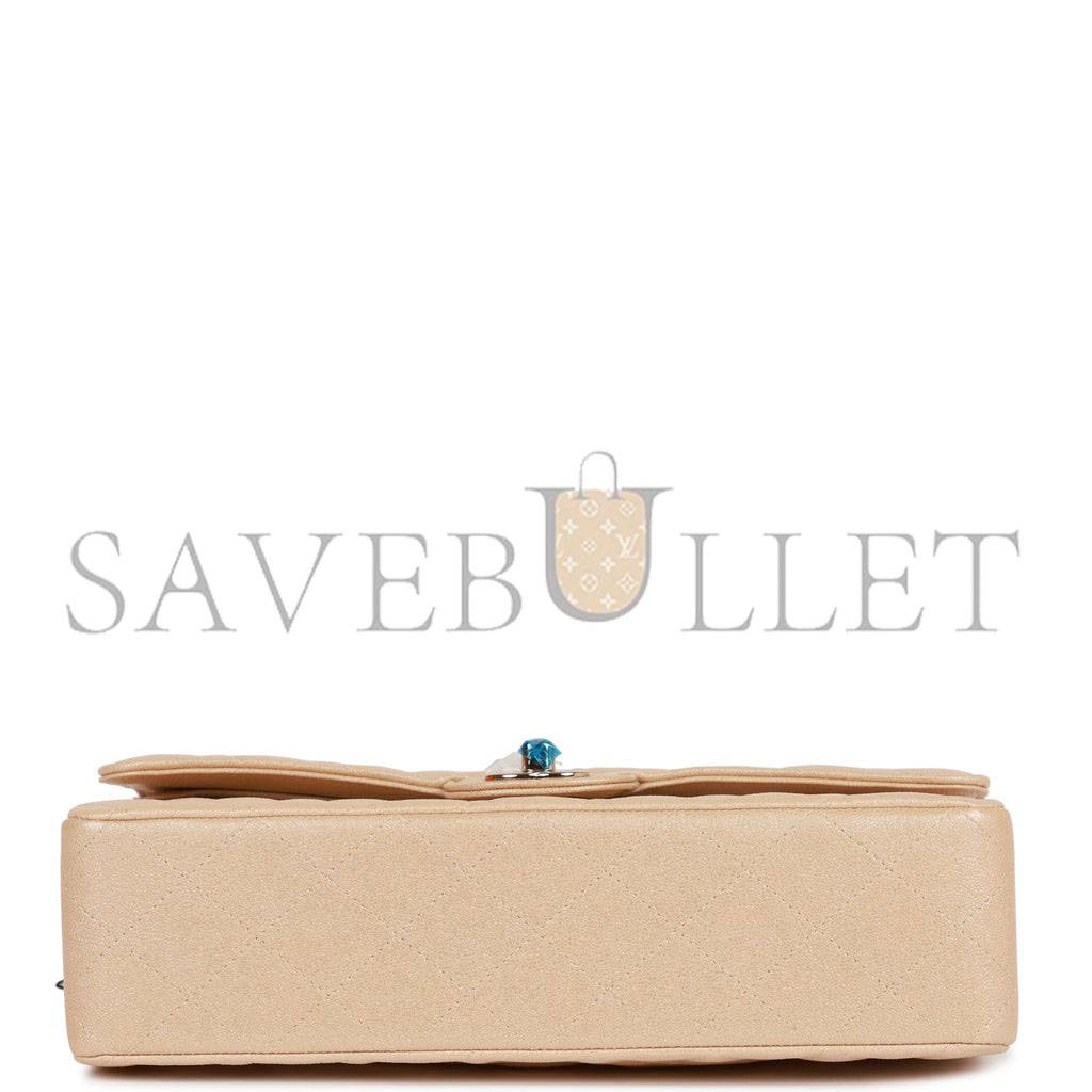 Ch*el medium classic double flap bag beige iridescent caviar light gold hardware (25*15*7cm)