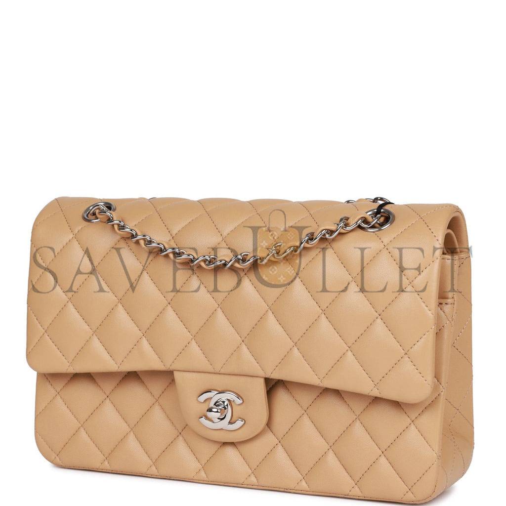 Ch*el medium classic double flap bag beige lambskin silver hardware (25*15*7cm)
