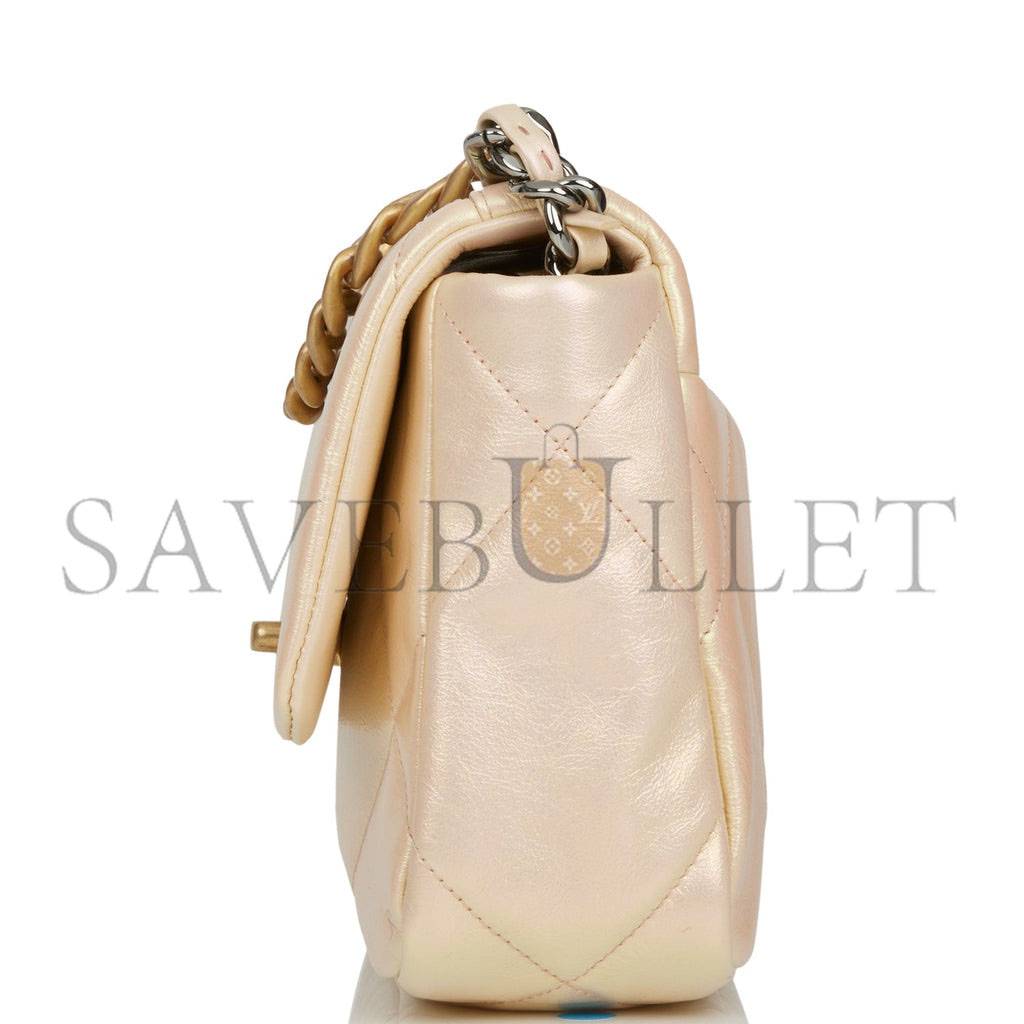 Ch*el medium 19 flap bag rose iridescent calfskin mixed hardware (25*16*9cm)