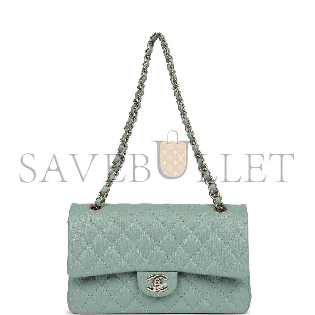 Ch*el medium classic double flap bag green caviar light gold hardware (25*15*7cm)