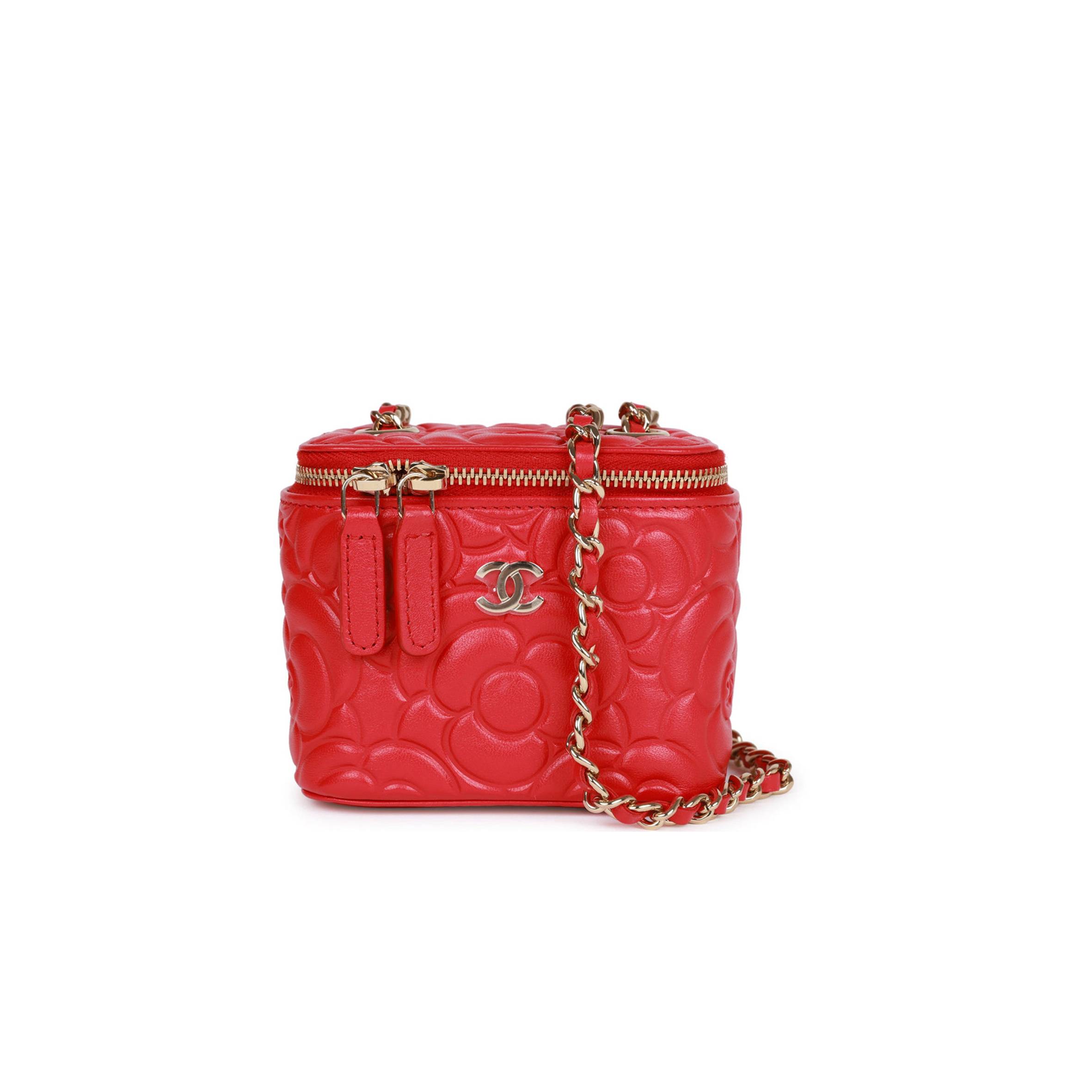 Ch*el camellia mini vanity case red lambskin light gold hardware (11*9*8cm)