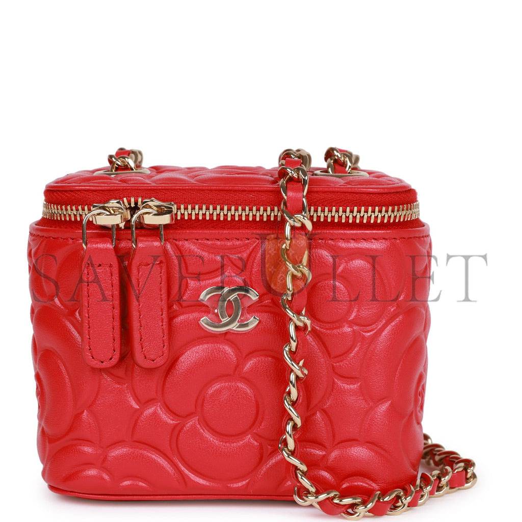 Ch*el camellia mini vanity case red lambskin light gold hardware (11*9*8cm)