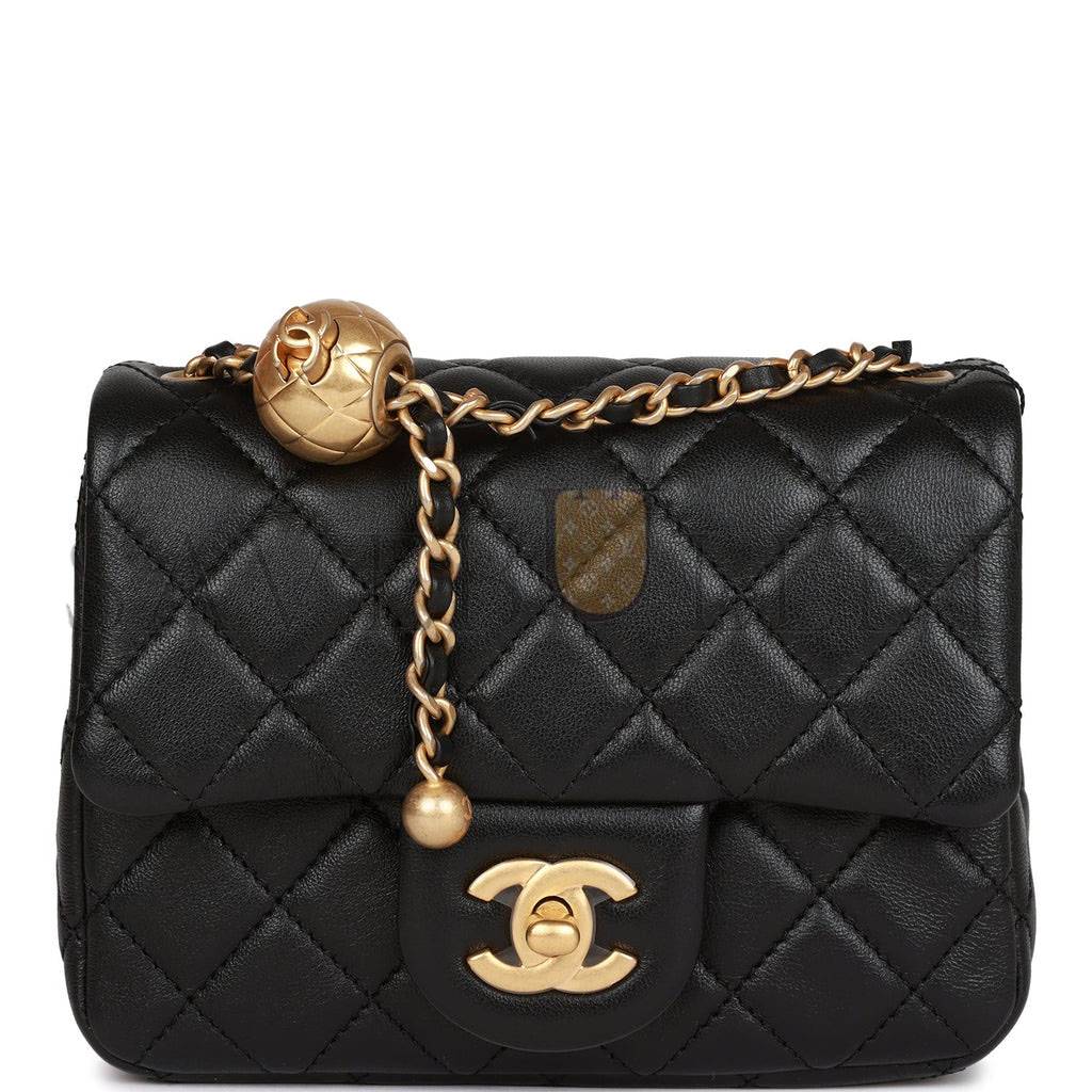Ch*el pearl crush mini square flap bag black lambskin antique gold hardware (17*14*8cm)