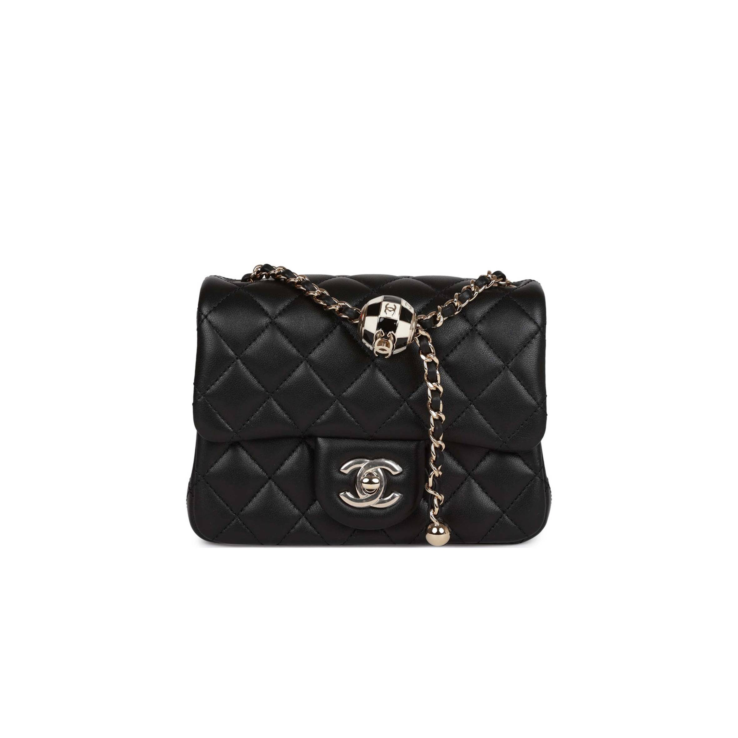 Ch*el pearl crush mini square flap bag black lambskin light gold hardware (17*14*8cm)
