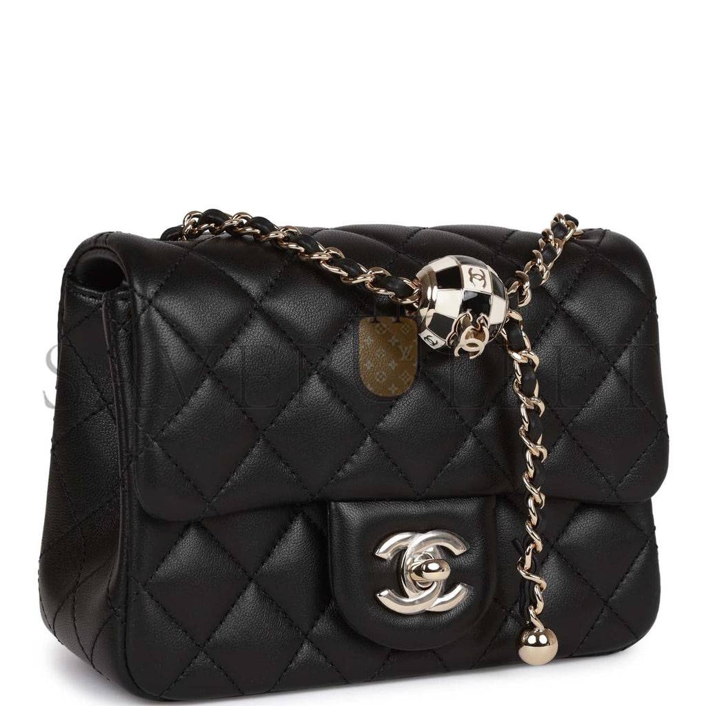 Ch*el pearl crush mini square flap bag black lambskin light gold hardware (17*14*8cm)