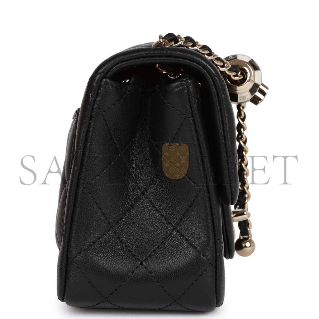 Ch*el pearl crush mini square flap bag black lambskin light gold hardware (17*14*8cm)
