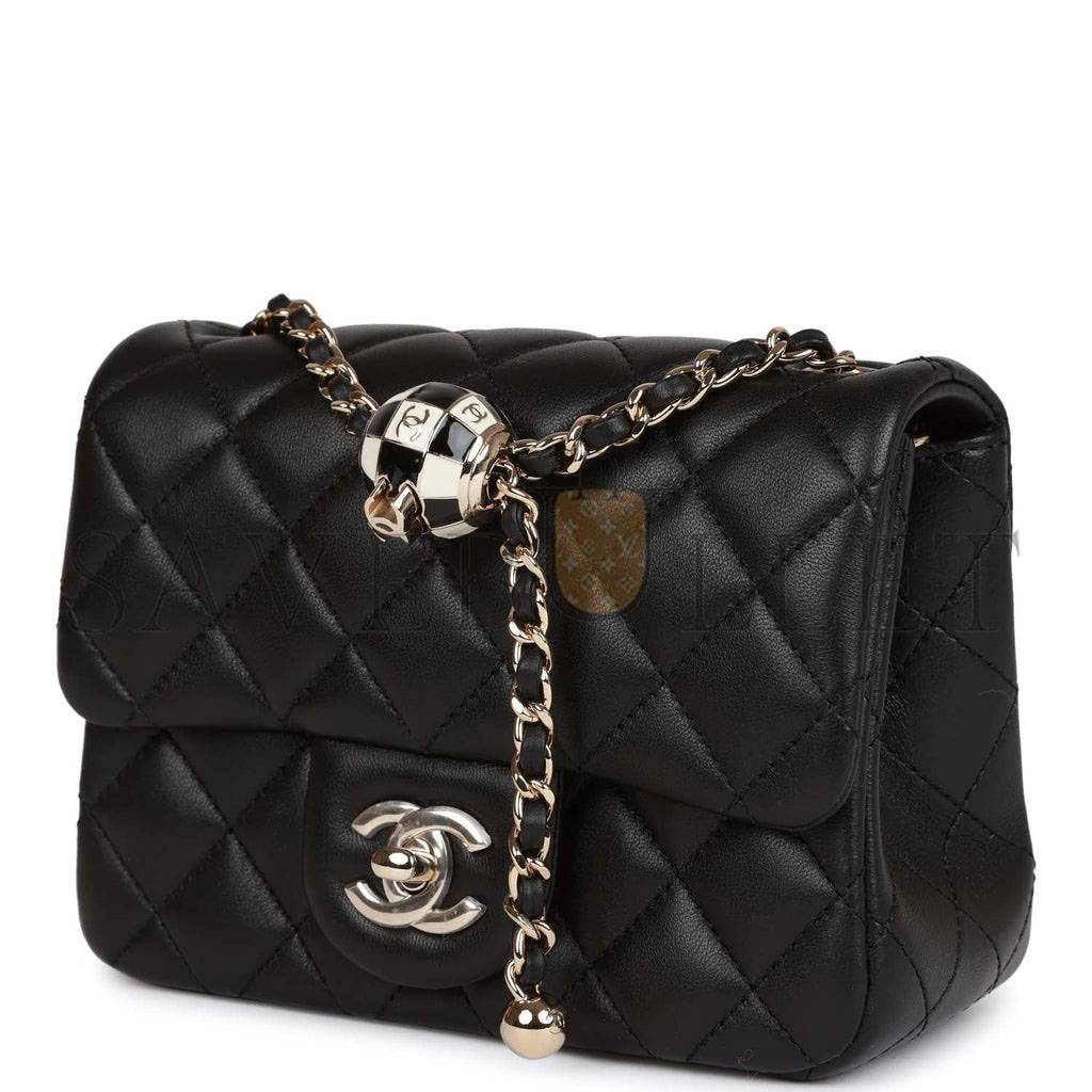 Ch*el pearl crush mini square flap bag black lambskin light gold hardware (17*14*8cm)