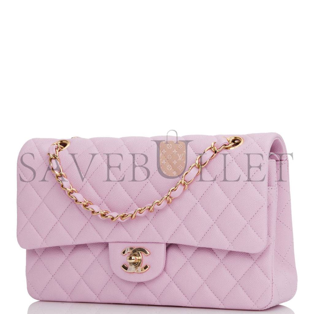 Ch*el medium classic double flap bag rose clair caviar light gold hardware (25*15*7cm)