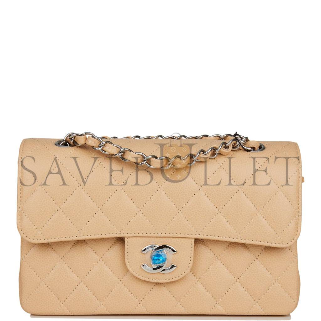 Ch*el small classic double flap bag beige caviar silver hardware (23*13*6cm)