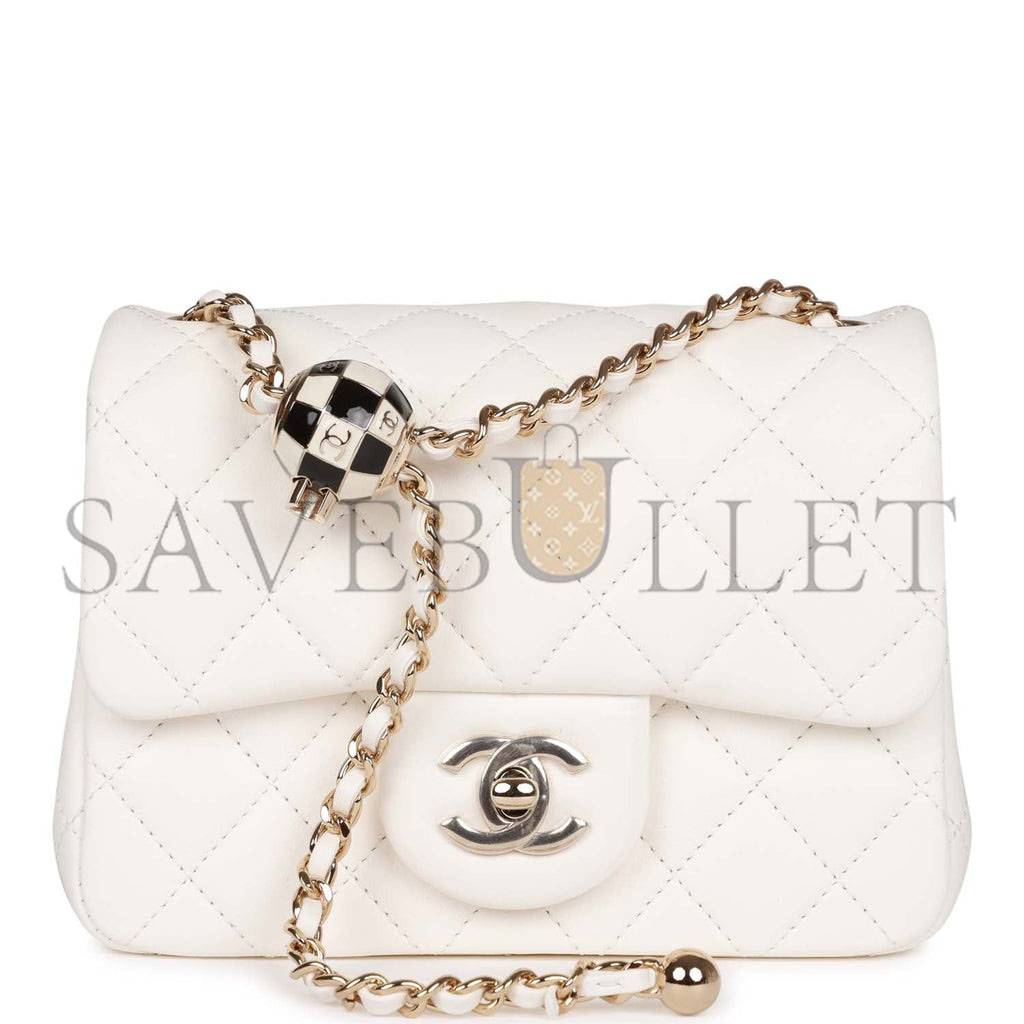 Ch*el pearl crush mini square flap bag white lambskin light gold hardware (17*14*8cm)