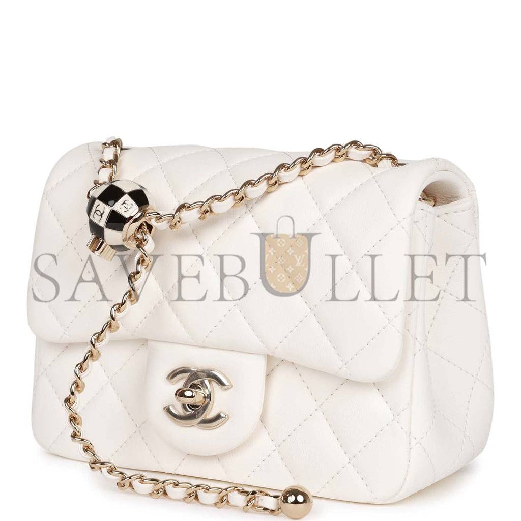 Ch*el pearl crush mini square flap bag white lambskin light gold hardware (17*14*8cm)