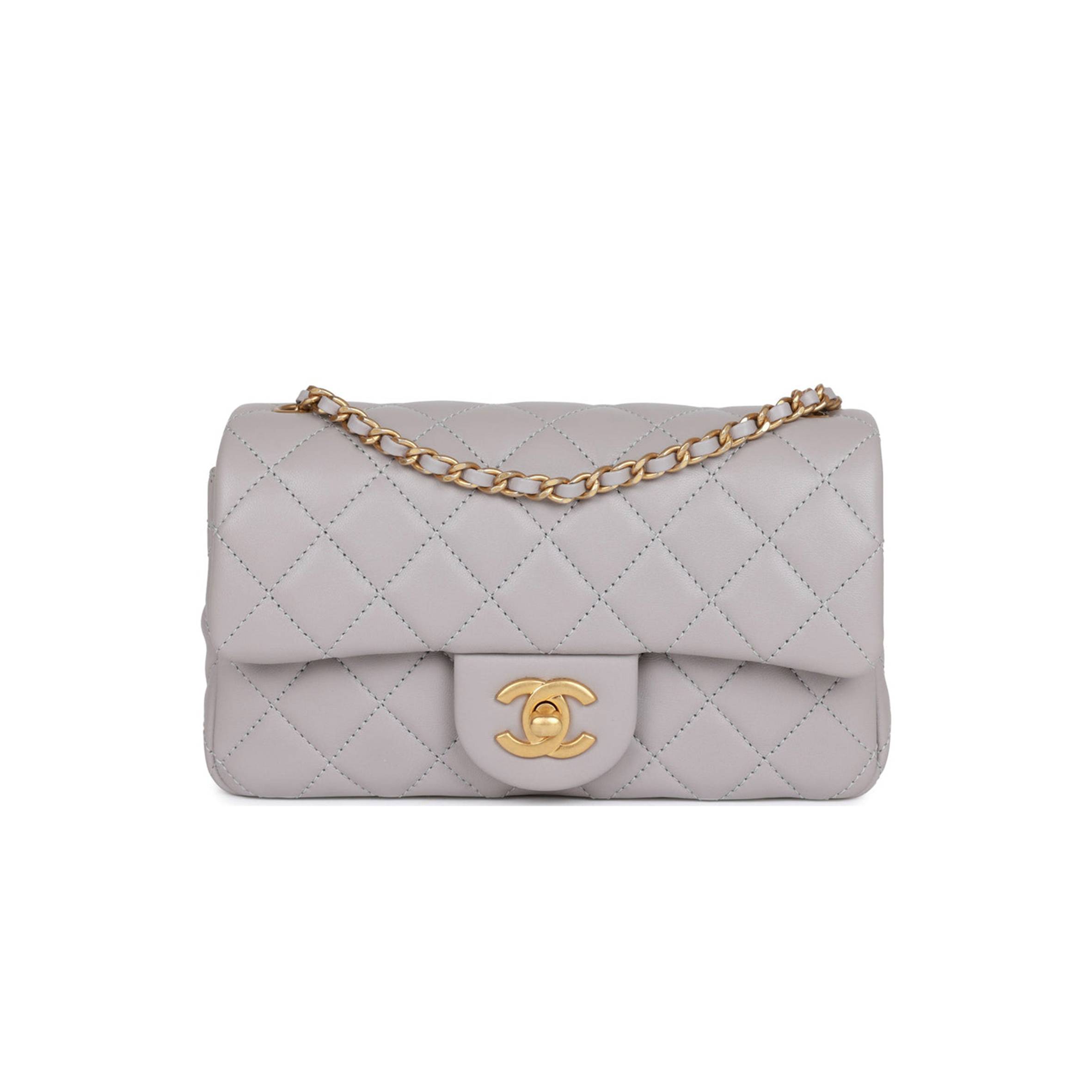Ch*el pearl crush mini rectangular flap bag light grey lambskin antique gold hardware (20*13*6cm)