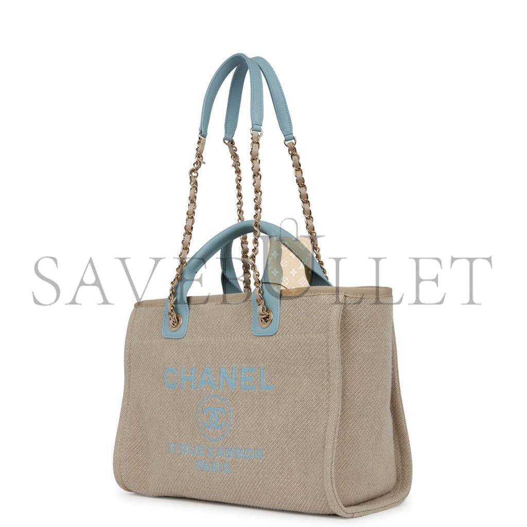 Ch*el small deauville shopping bag blue and beige boucle light gold hardware (34*27*15cm)
