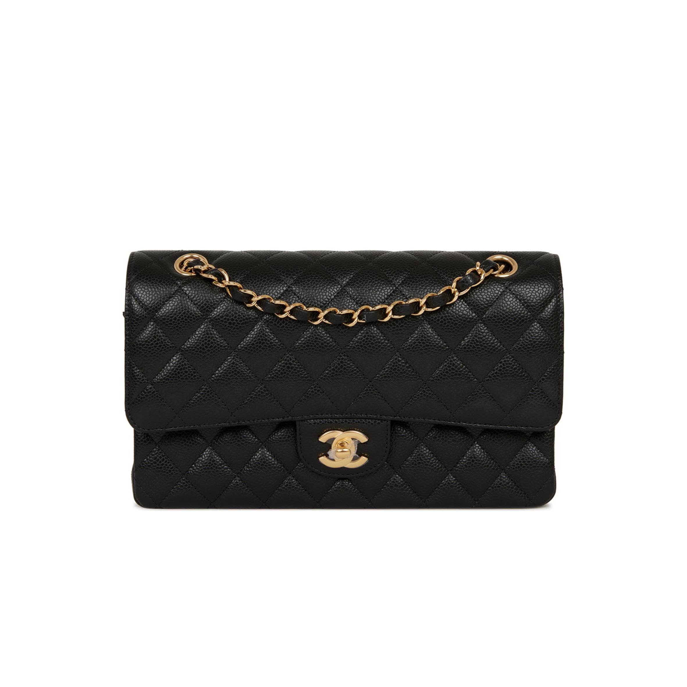 Ch*el medium classic double flap bag black quilted caviar gold hardware (25*15*7cm)