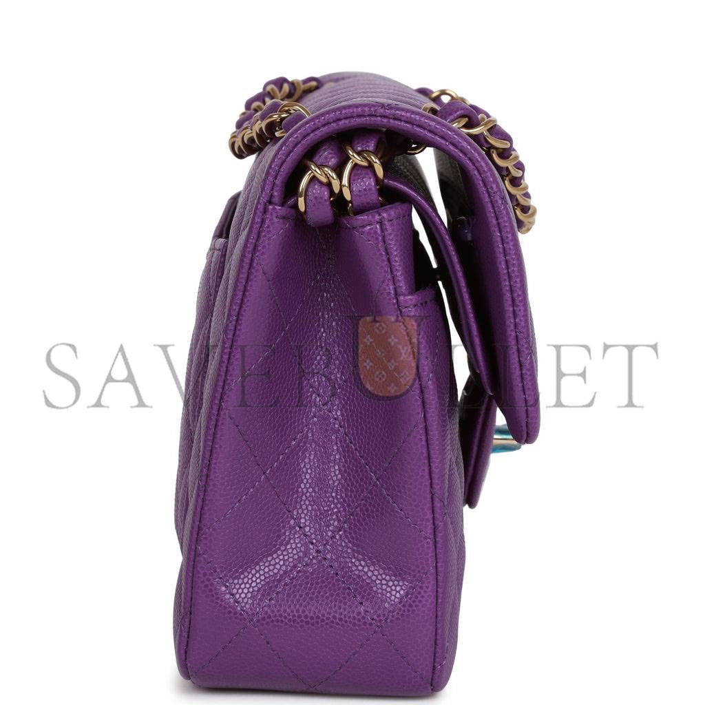 Ch*el small classic double flap purple caviar light gold hardware (23*13*6cm)