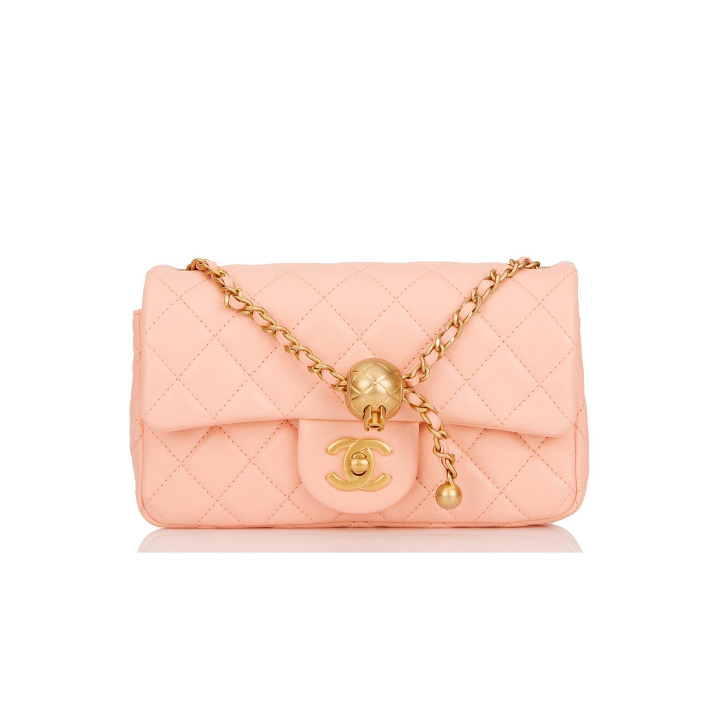 Ch*el pearl crush mini rectangular flap bag peach lambskin antique gold hardware (20*13*6cm)
