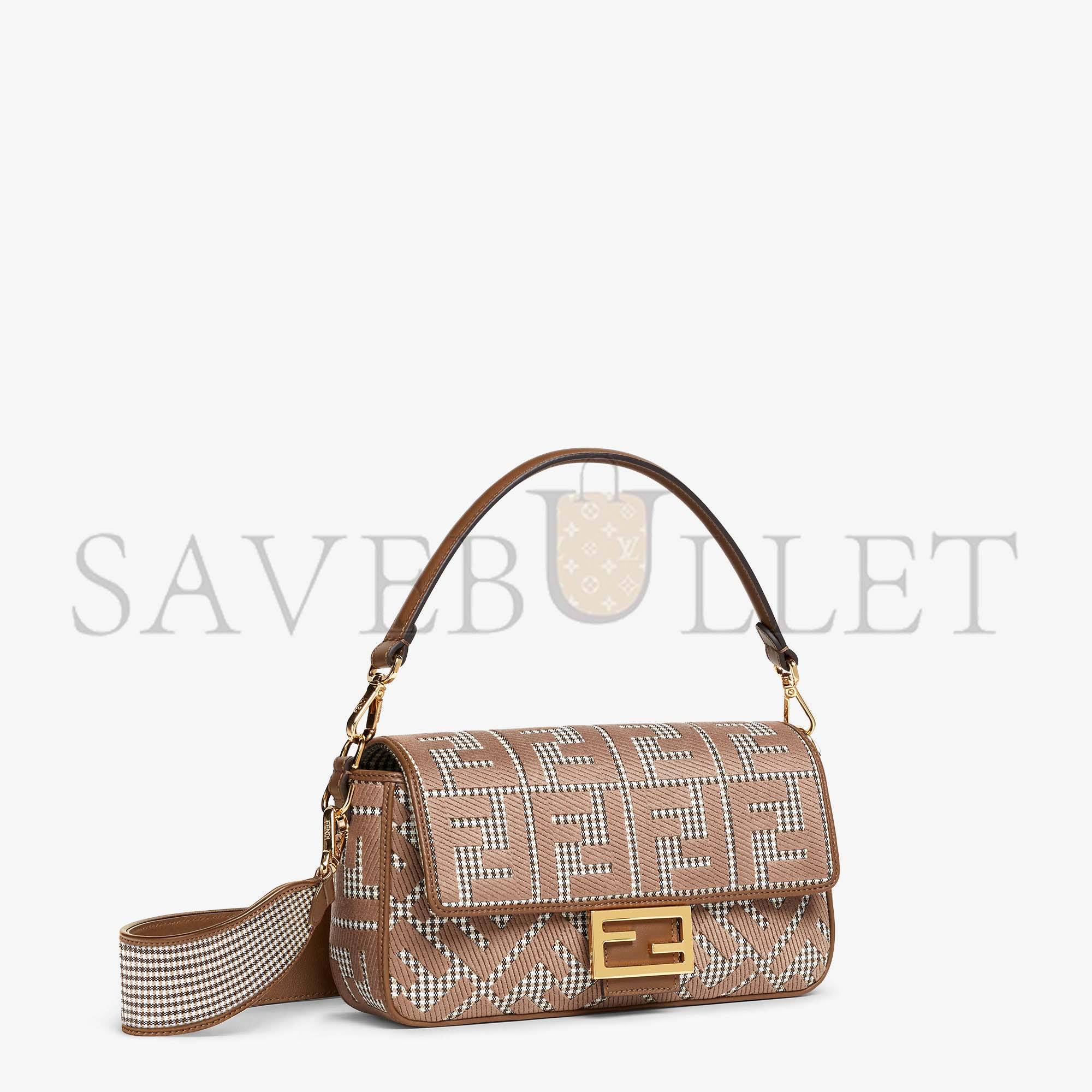 F**di baguette - brown houndstooth wool bag with ff embroidery 8br600akrzf1irg (27*15*6cm)