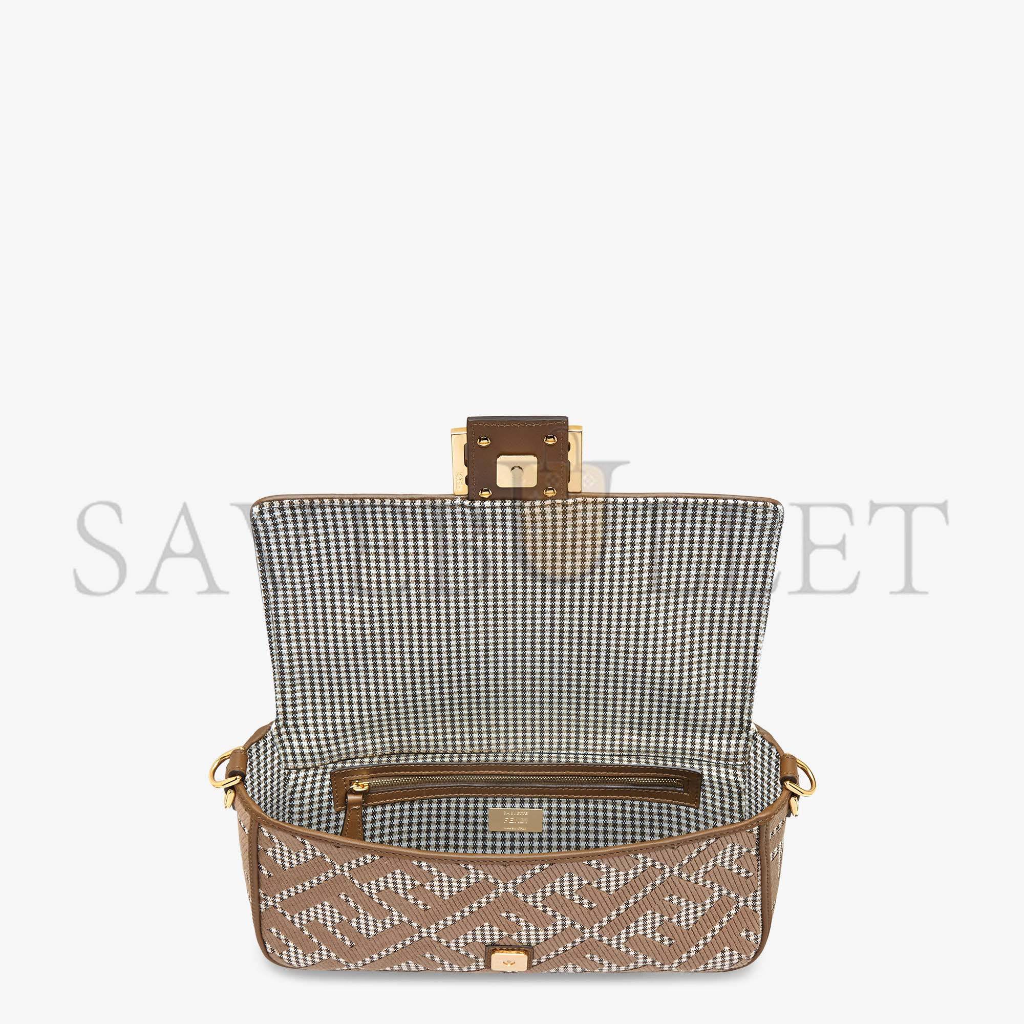 F**di baguette - brown houndstooth wool bag with ff embroidery 8br600akrzf1irg (27*15*6cm)