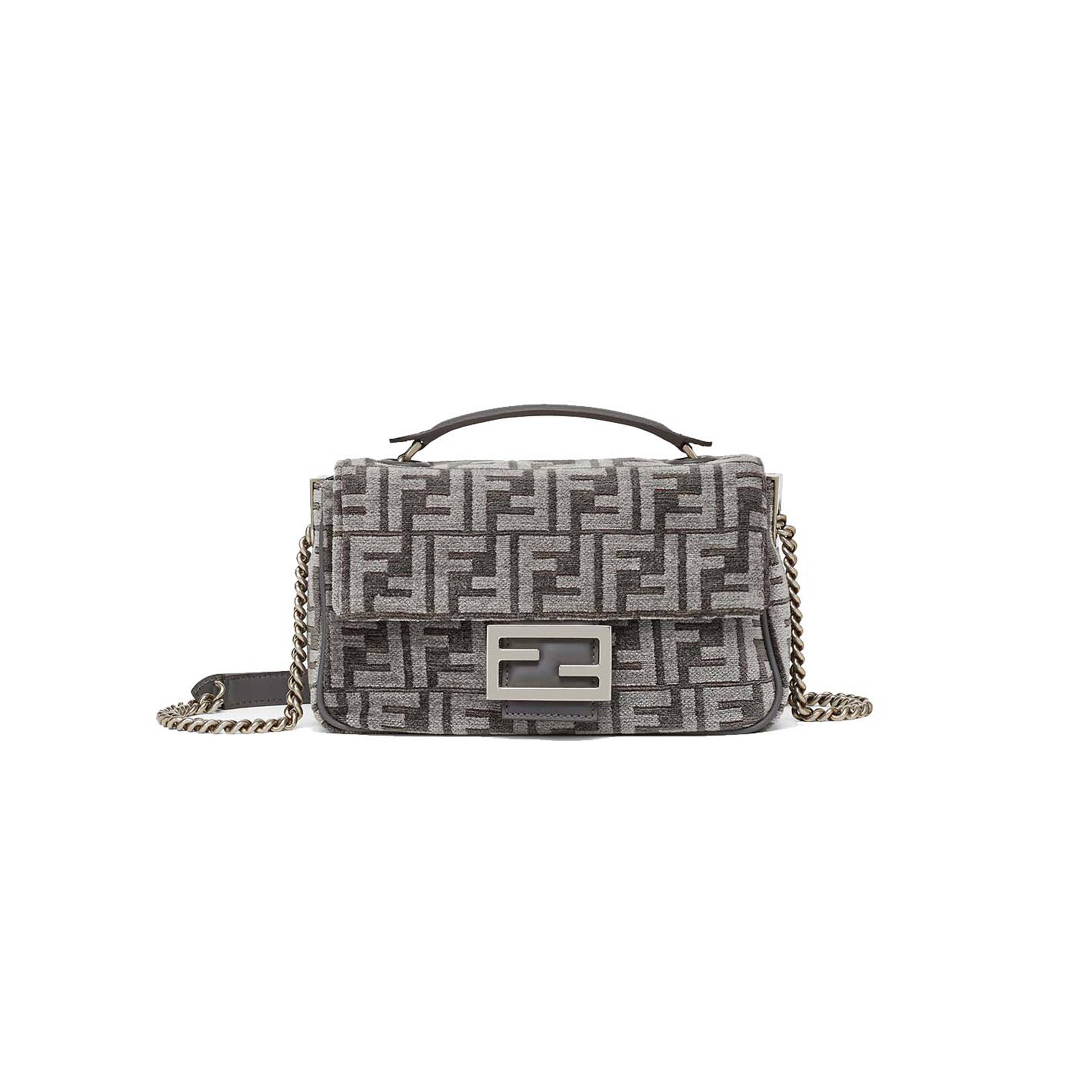 F**di baguette chain midi - dark gray ff tapestry fabric bag 8br793alg7f1hzo (24*14.5*7cm)