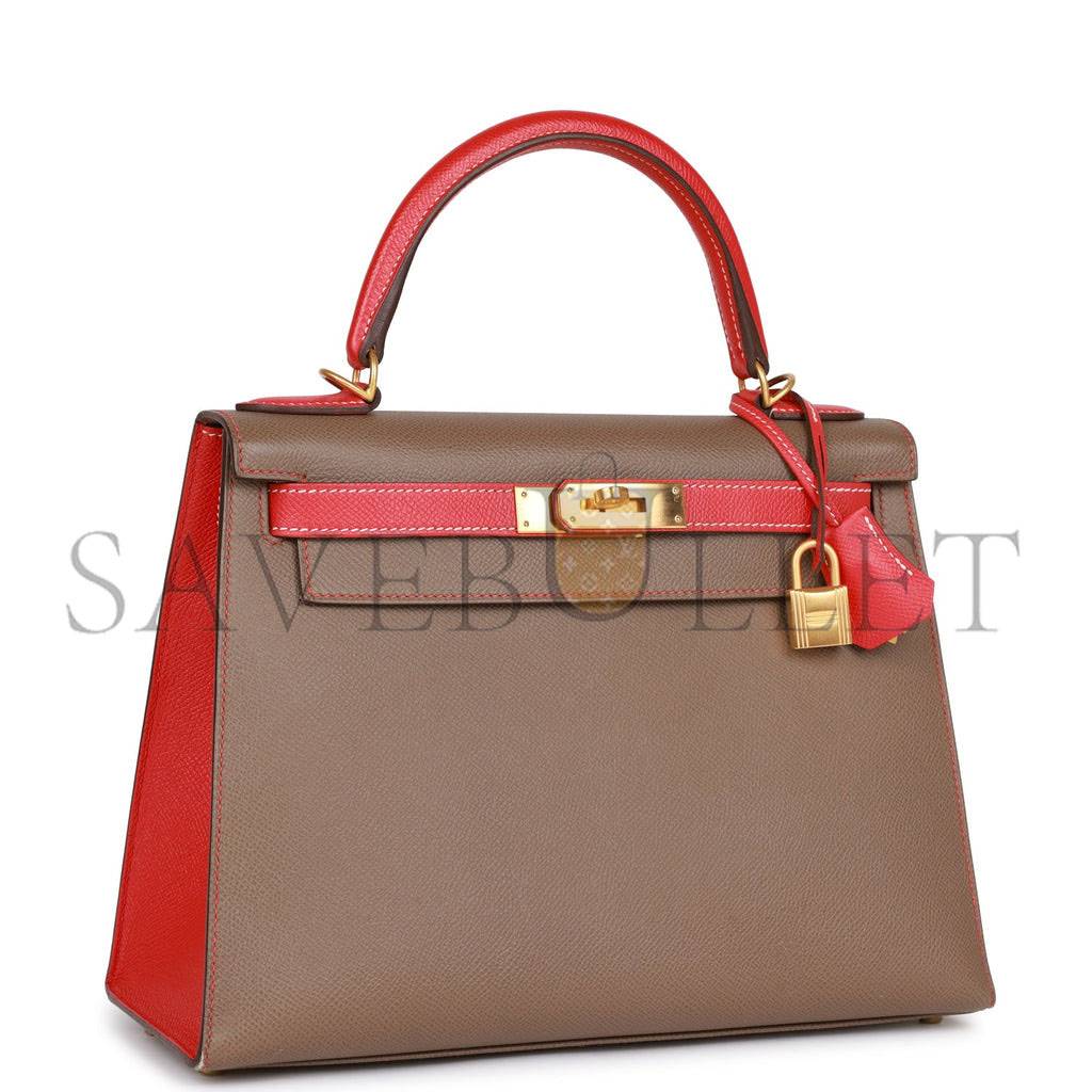 H**mes special order (hss) kelly sellier 28 etoupe and rouge tomate epsom brushed gold hardware (28*22*10cm)