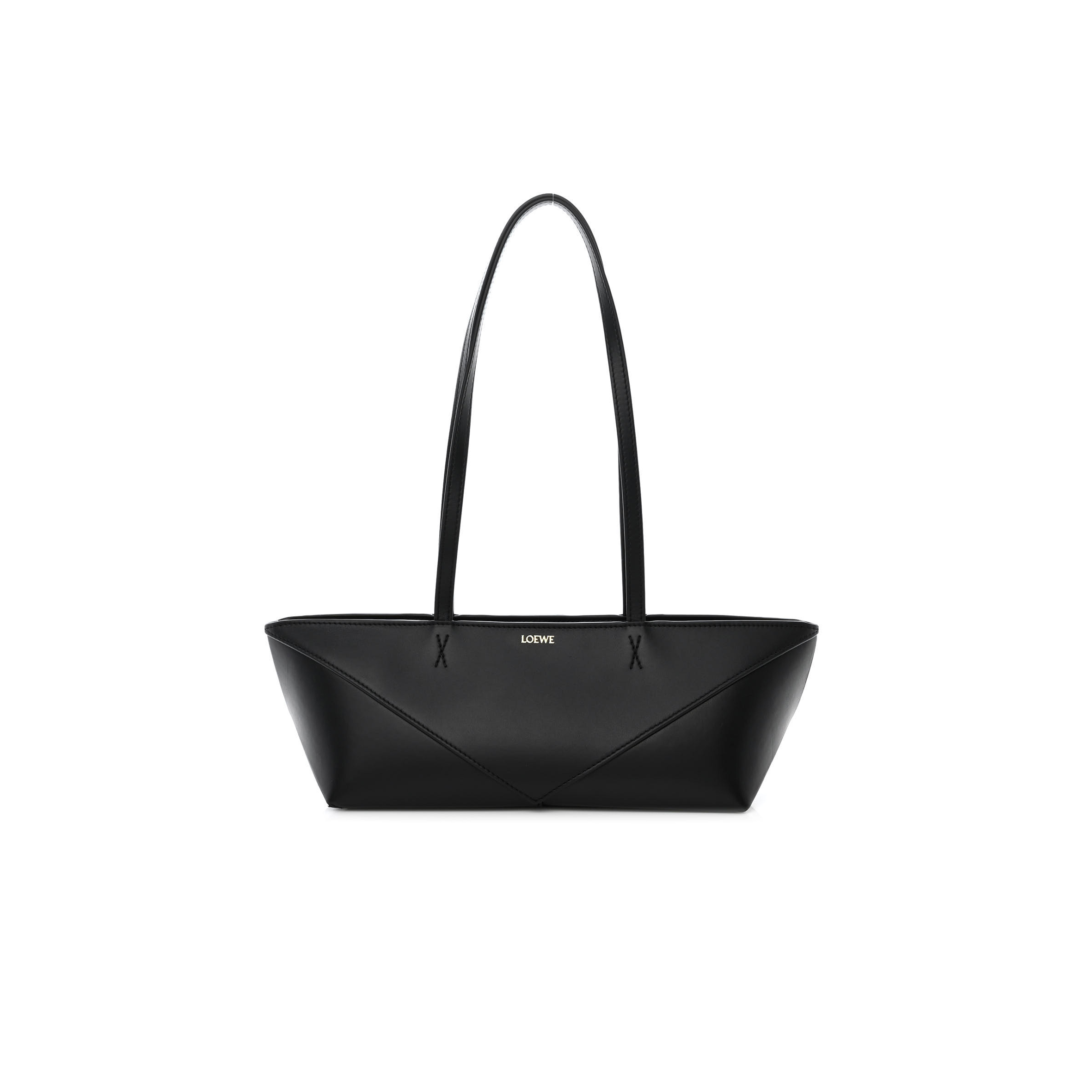 l*ew* shiny calfskin mini cropped puzzle fold tote black (28*13*13cm)