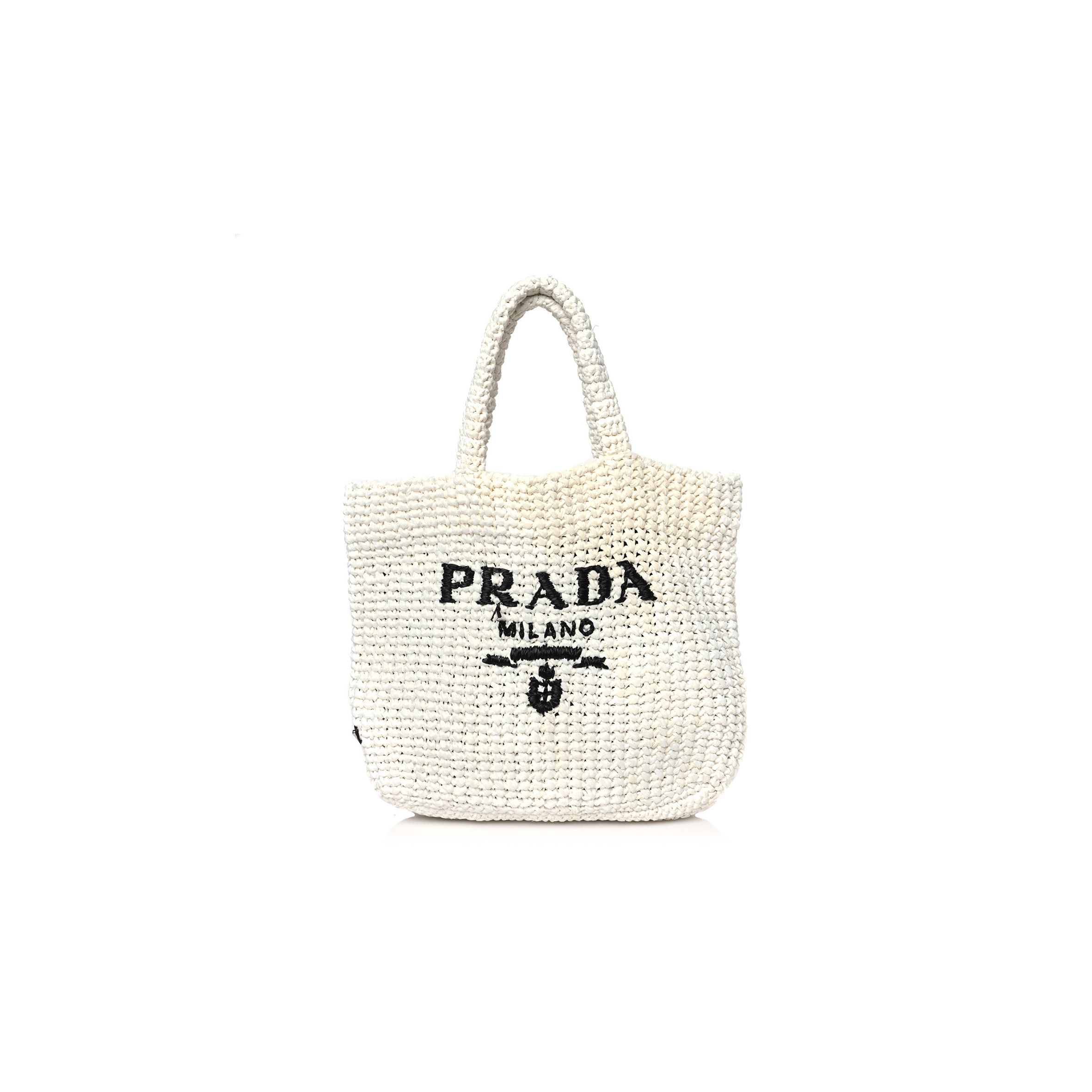 Pra*a yarn raffia effect crochet embroidered small logo tote white (25*23*8cm)