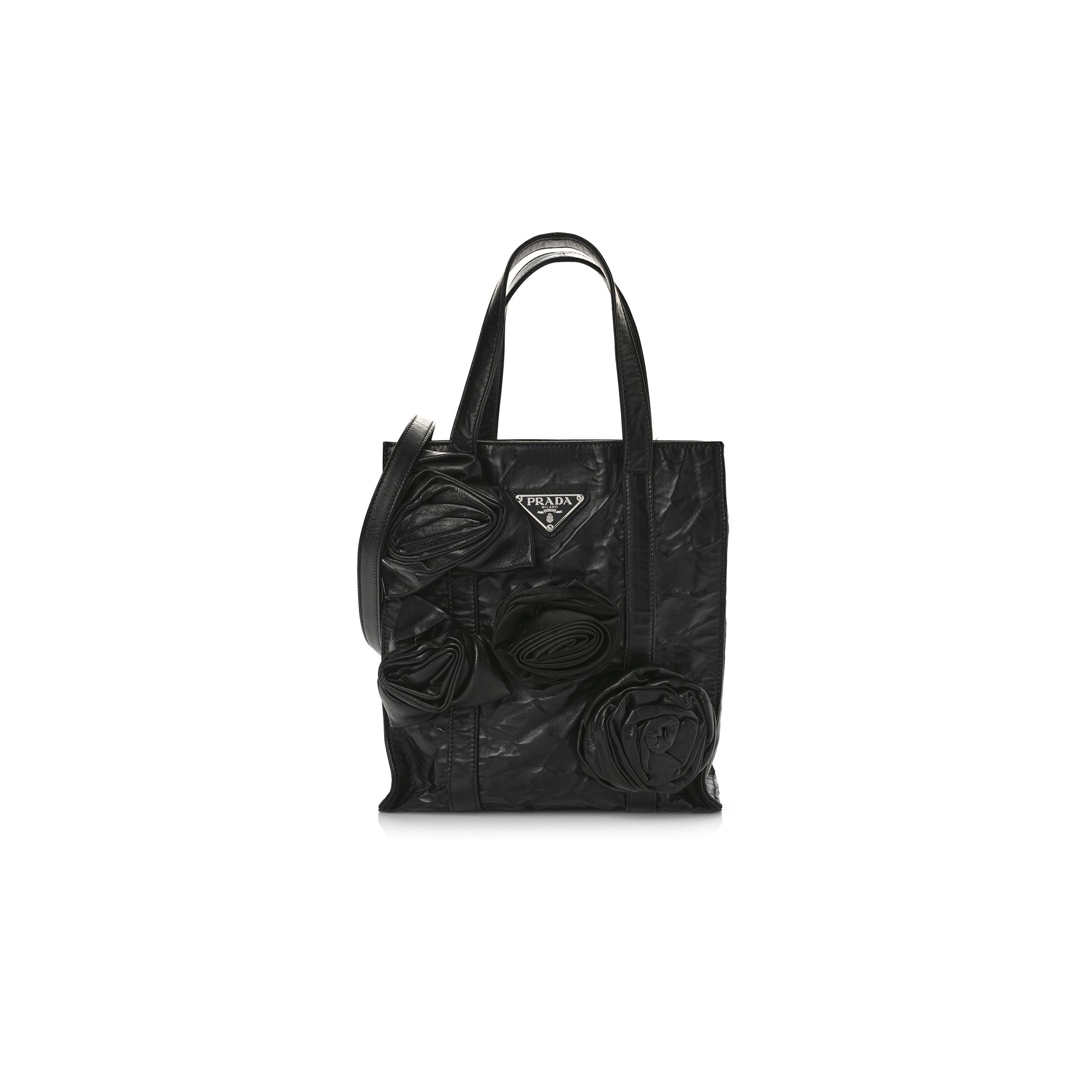 Pra*a nappa mini antique rosette flower tote bag black (24*22*10cm)
