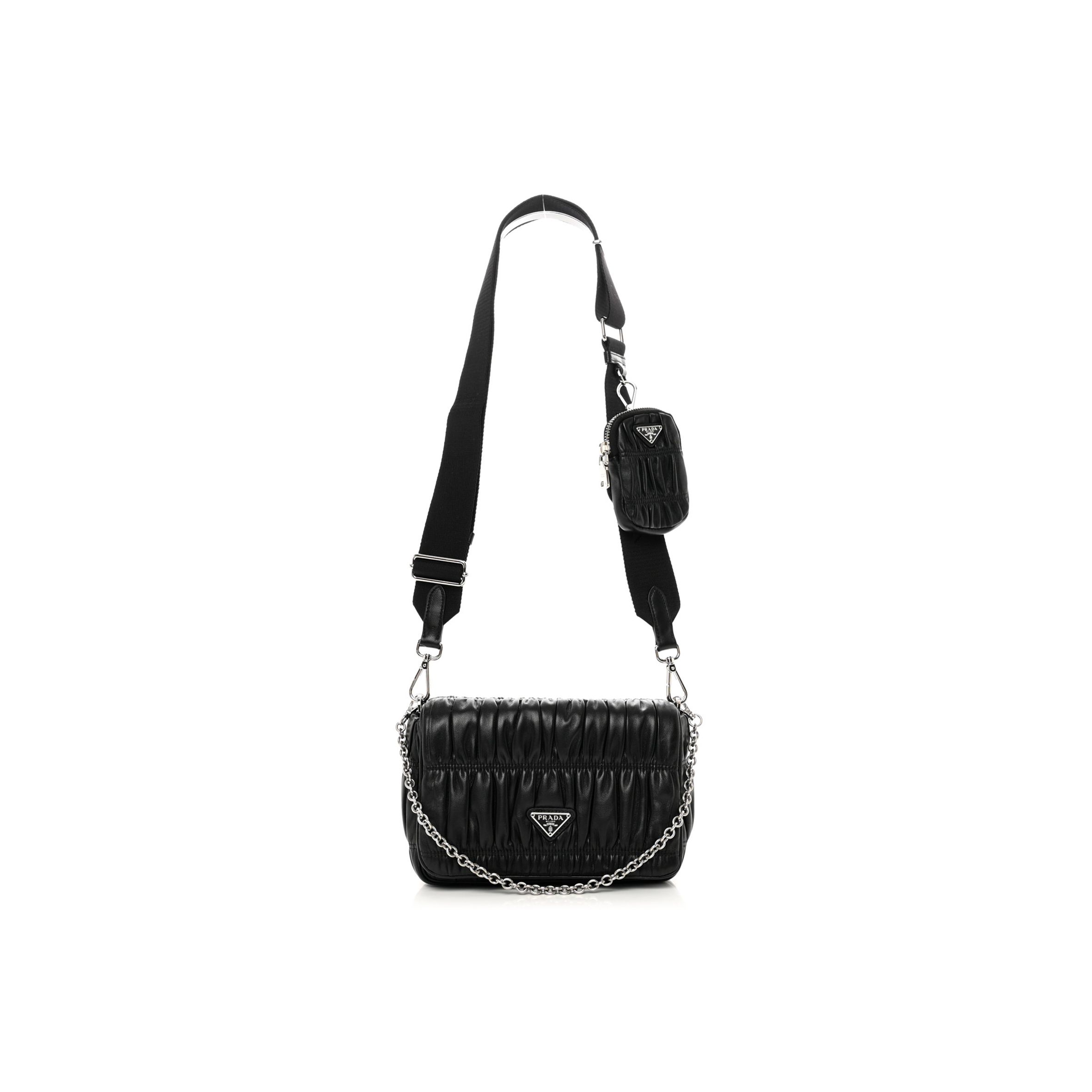 Pra*a nappa gaufre flap shoulder bag black (20*13*8cm)