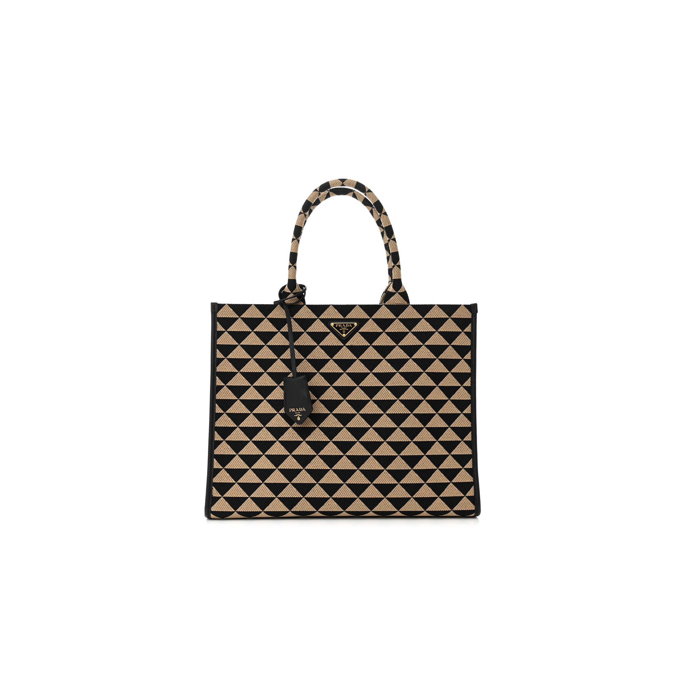 Pra*a jacquard saffiano triangolo symbole embroidered large tote black corda (39*31*10cm)