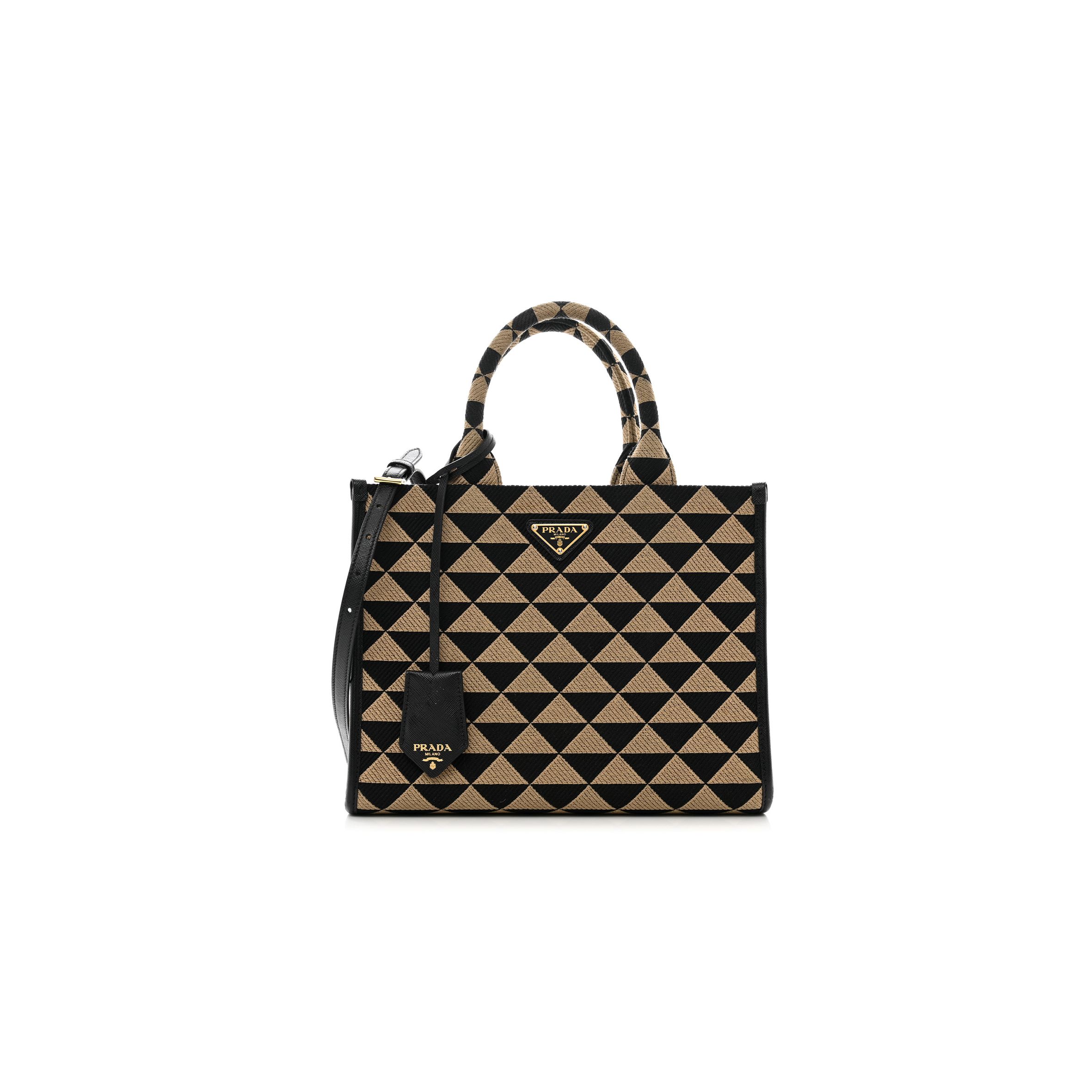Pra*a jacquard saffiano triangolo symbole embroidered small tote black corda (29*22*9cm)