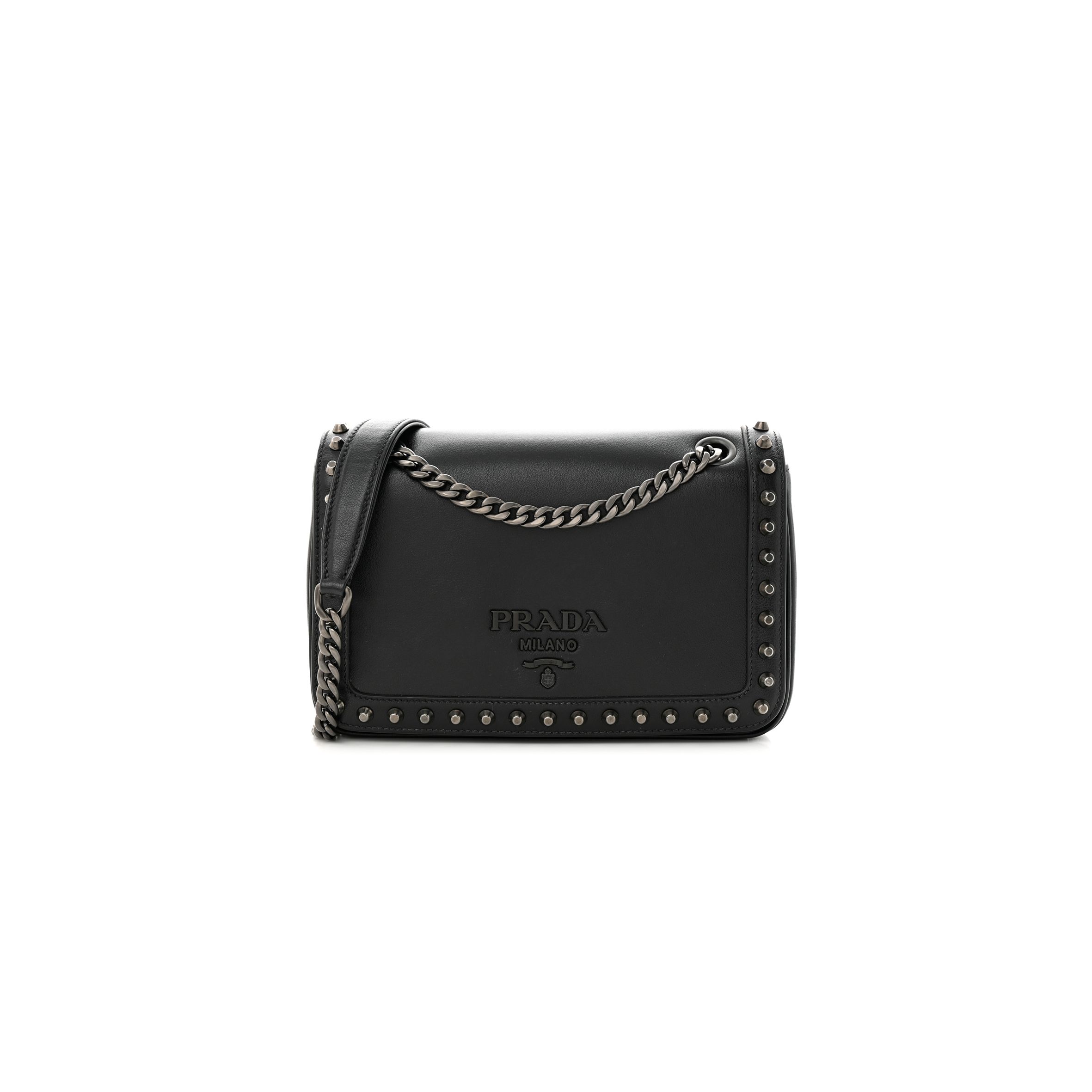 Pra*a glace calfskin studded crossbody black (22*15*6cm)