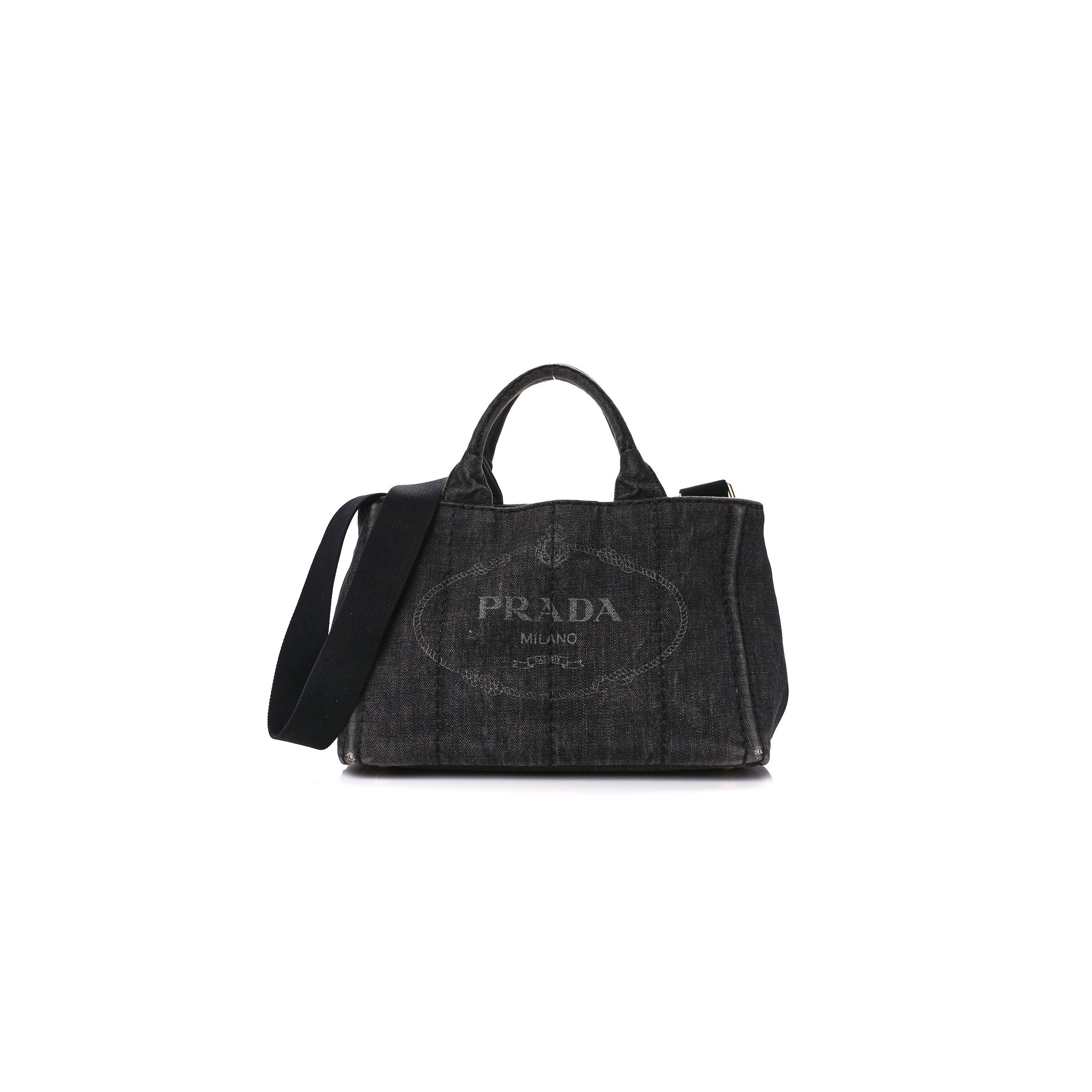 Pra*a denim small canapa logo tote black (27*20*14cm)