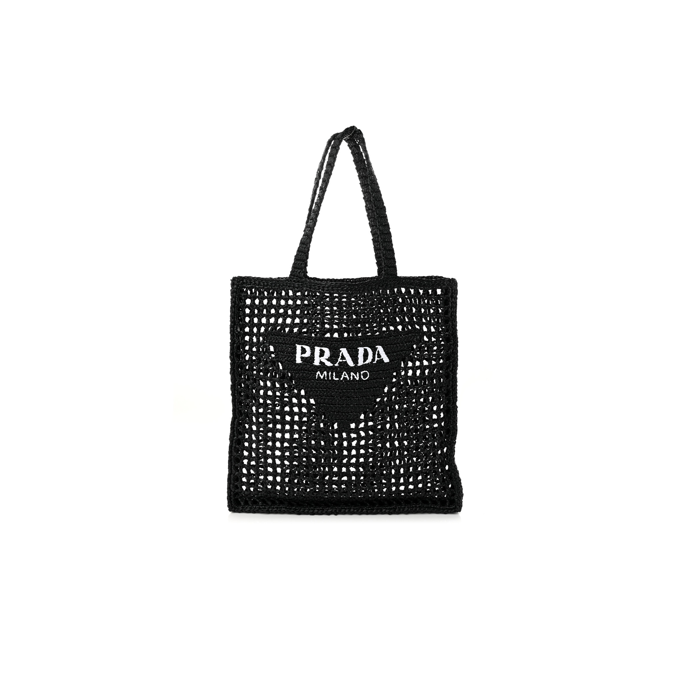Pra*a raffia embroidered logo tote bag black (37*37*4cm)