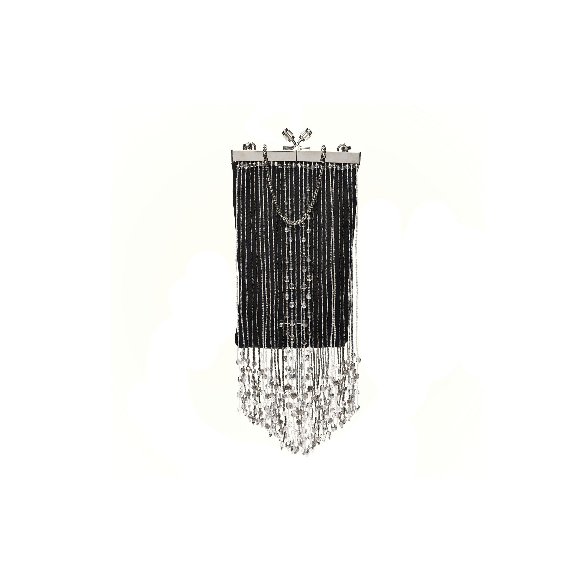 Pra*a nylon beaded fringe flat chain clutch black (20*11*1cm)
