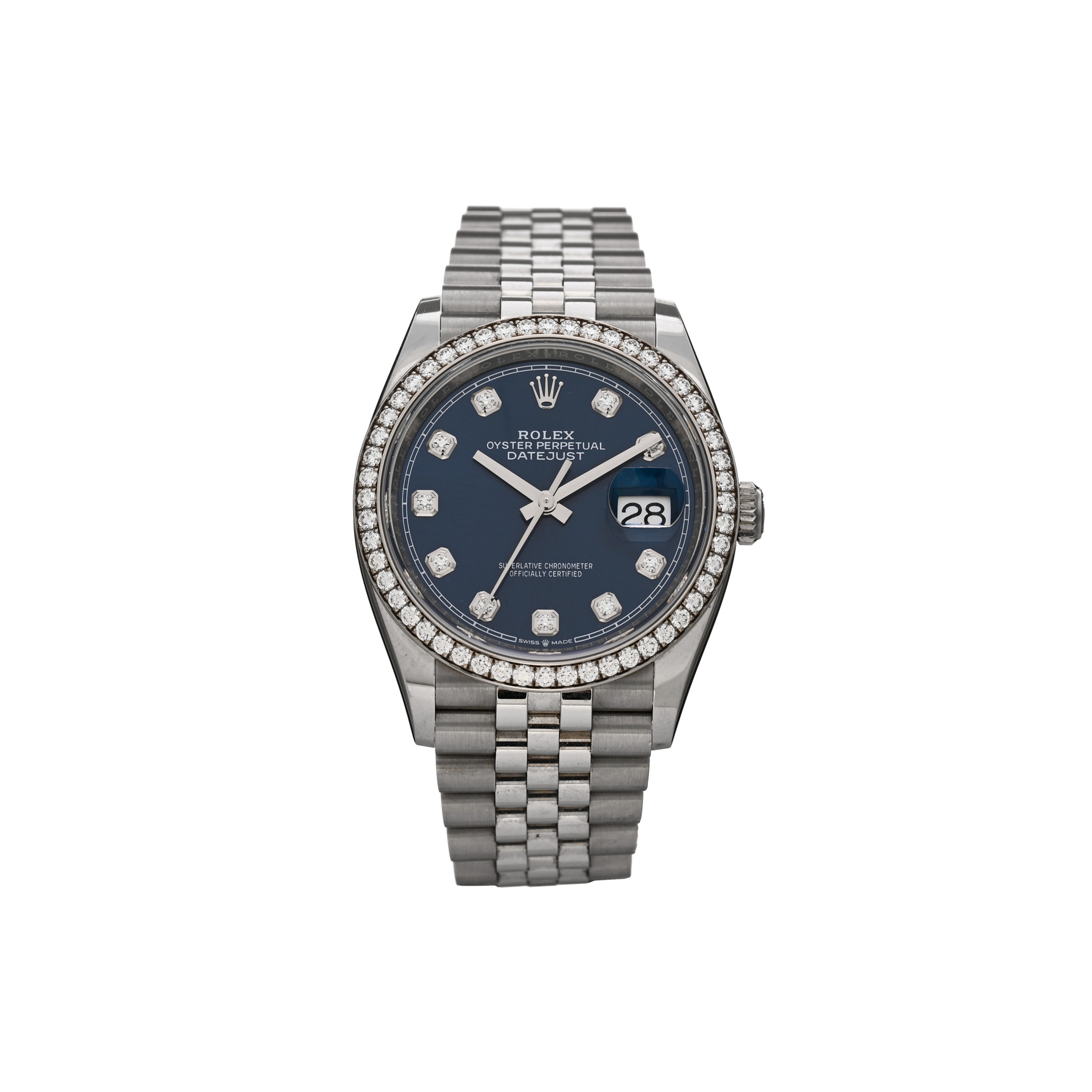 r*l*x stainless steel 18k white gold Di*m*nd bezel 36mm oyster perpetual datejust watch blue 126284rbr