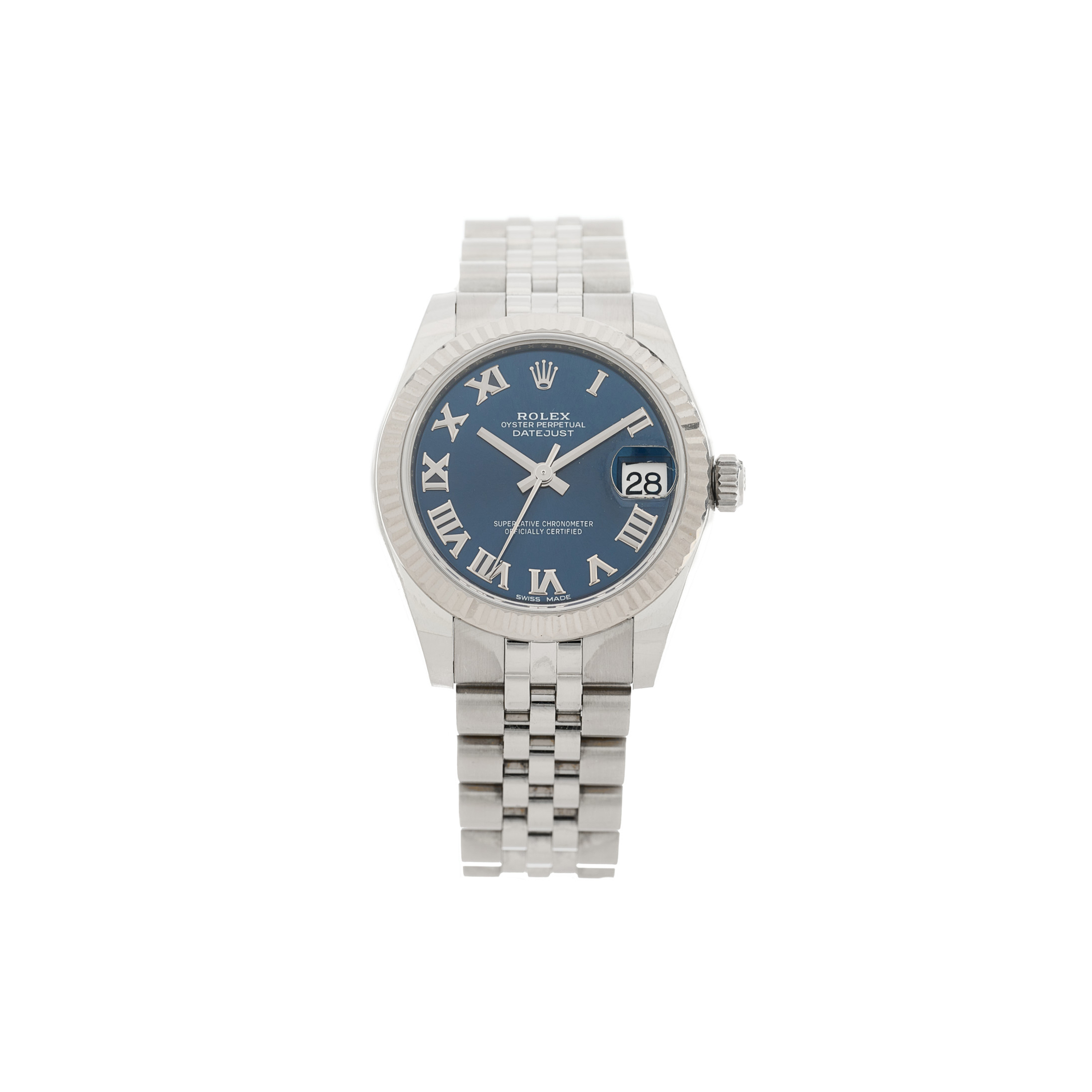 R*l*x stainless steel 18k white gold 31mm oyster perpetual datejust watch blue roman 178274