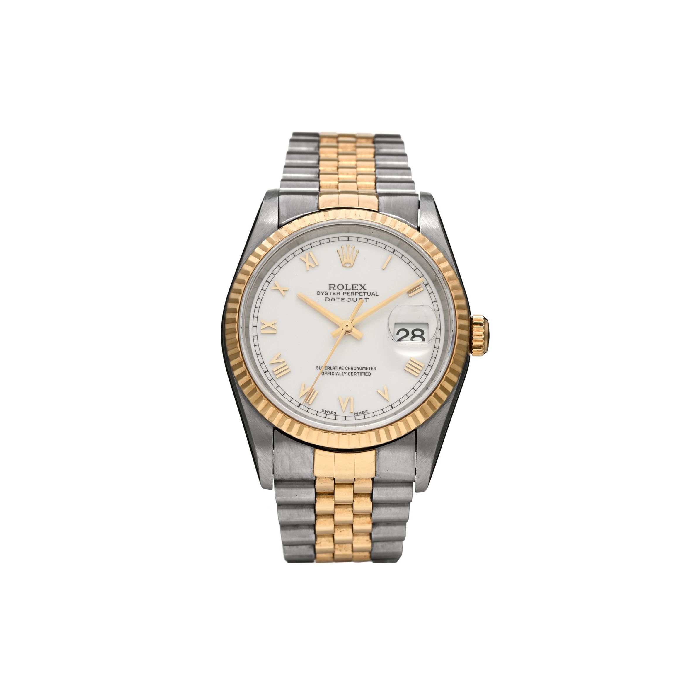 R*l*x stainless steel 18k yellow gold 36mm oyster perpetual datejust watch white roman 16233