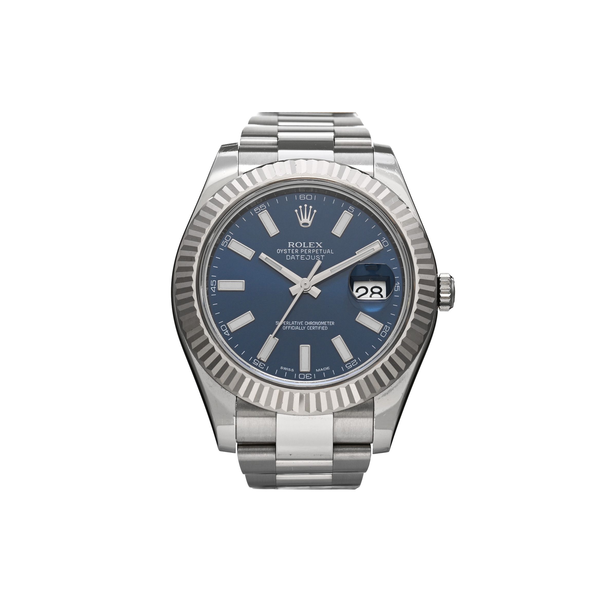 R*l*x stainless steel 18k white gold 41mm oyster perpetual datejust watch blue 116334