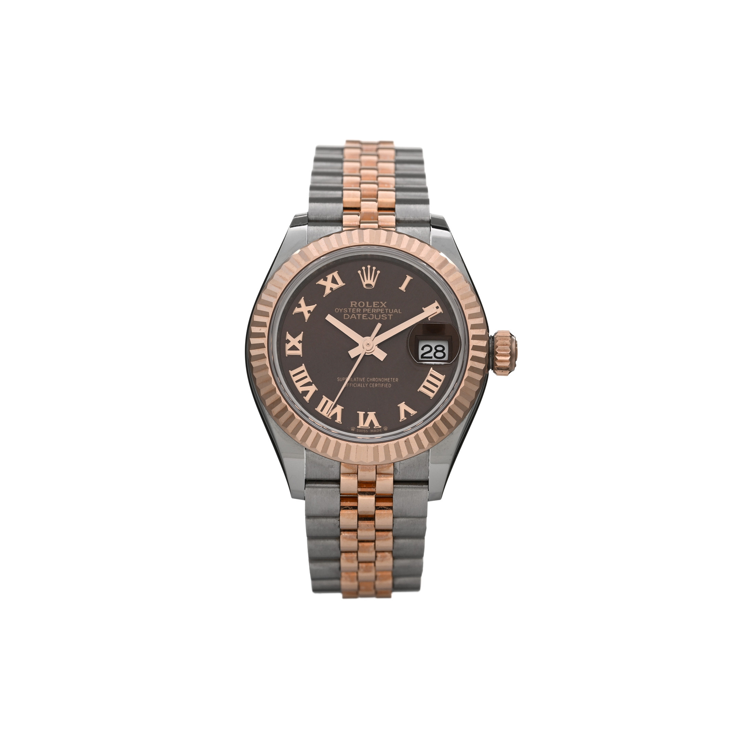 R*l*x stainless steel 18k everose gold 28mm oyster perpetual datejust watch chocolate roman 279171