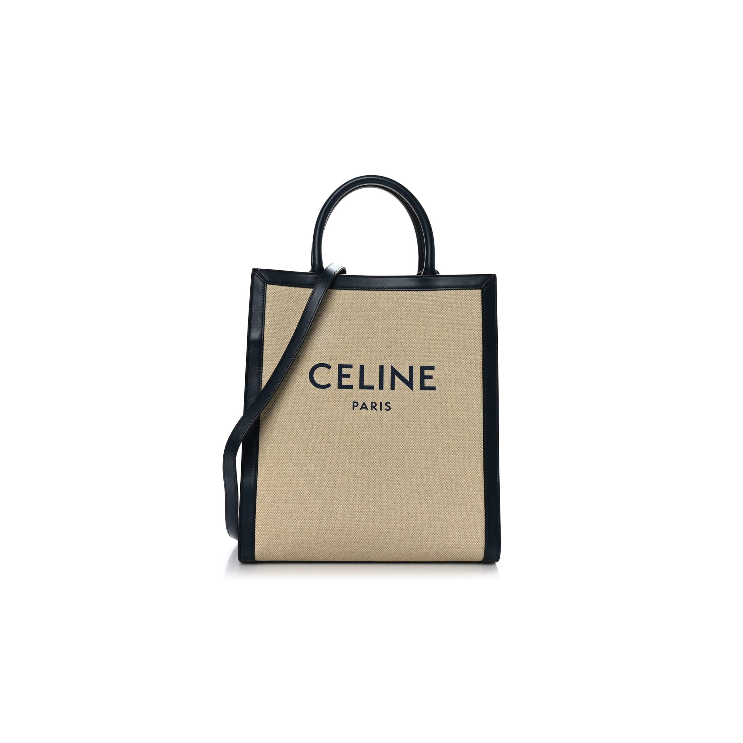 Ce**e canvas calfskin logo print small vertical cabas natural navy (32*28*8cm)