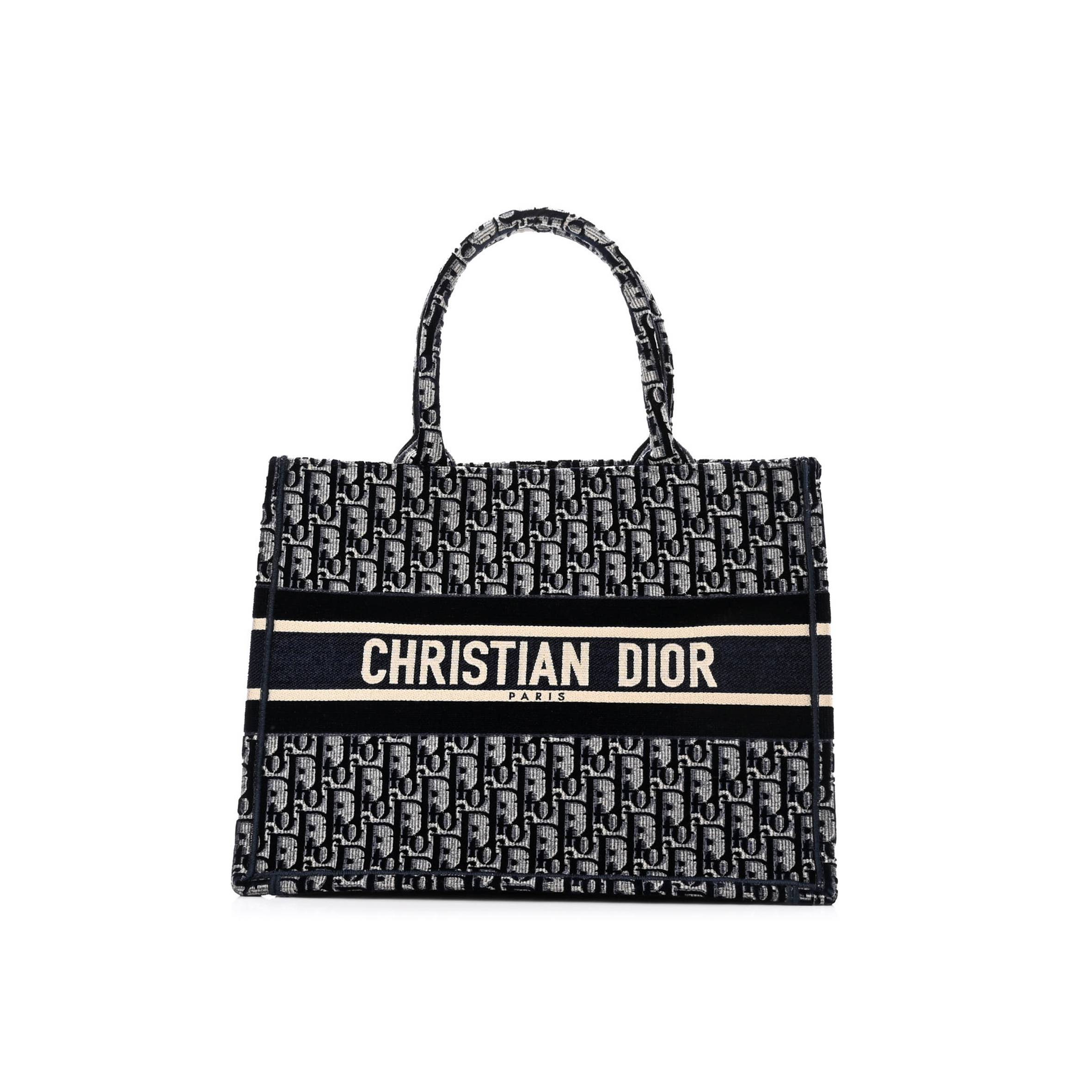 D*or oblique velvet medium book tote blue multicolor (36*27*16.5cm)