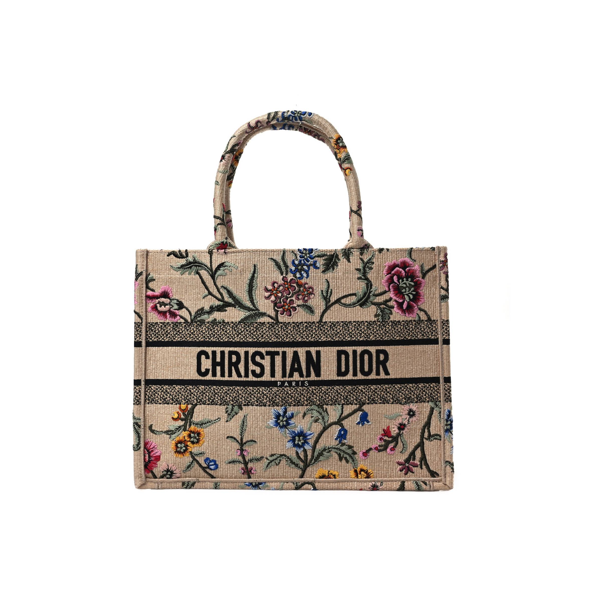 D*or raffia embroidered petites fleurs medium book tote natural (36*28*16.5cm)