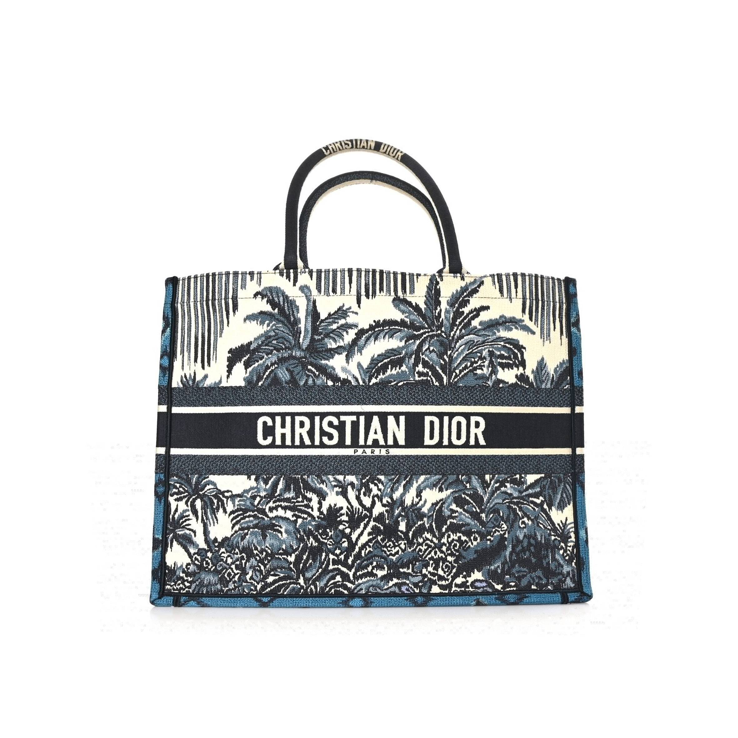 D*or canvas embroidered large palm tree toile de jouy book tote blue multicolor (42*35*17.1cm)