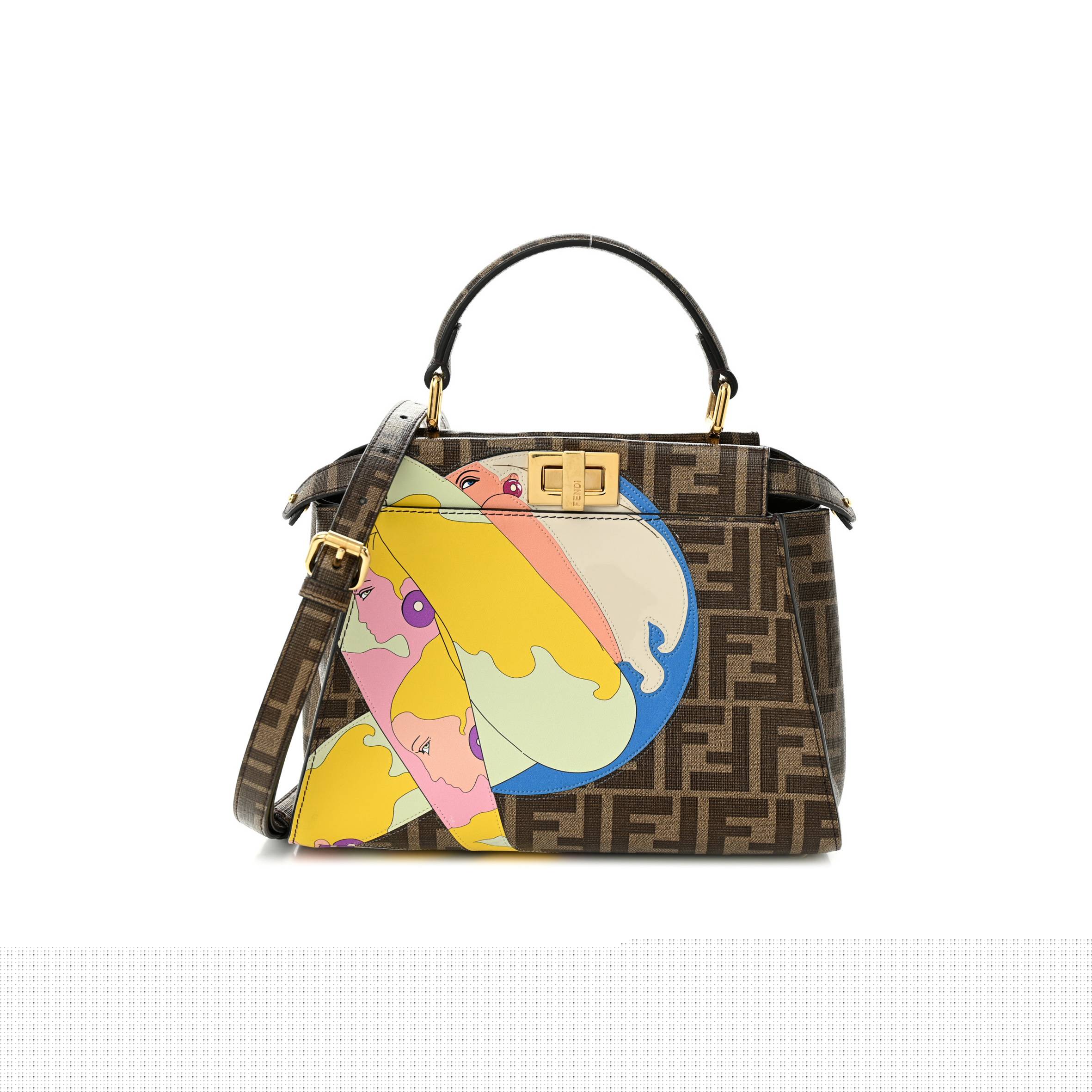 F**di glazed fabric vitello ff 1974 hairdo girls inlay mini peekaboo iconic satchel mogano panna multicolor (23*18*13cm)