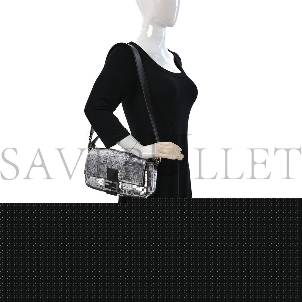 F**di sequin paillettes capretto lucido baguette argento moro (27*15*6cm)