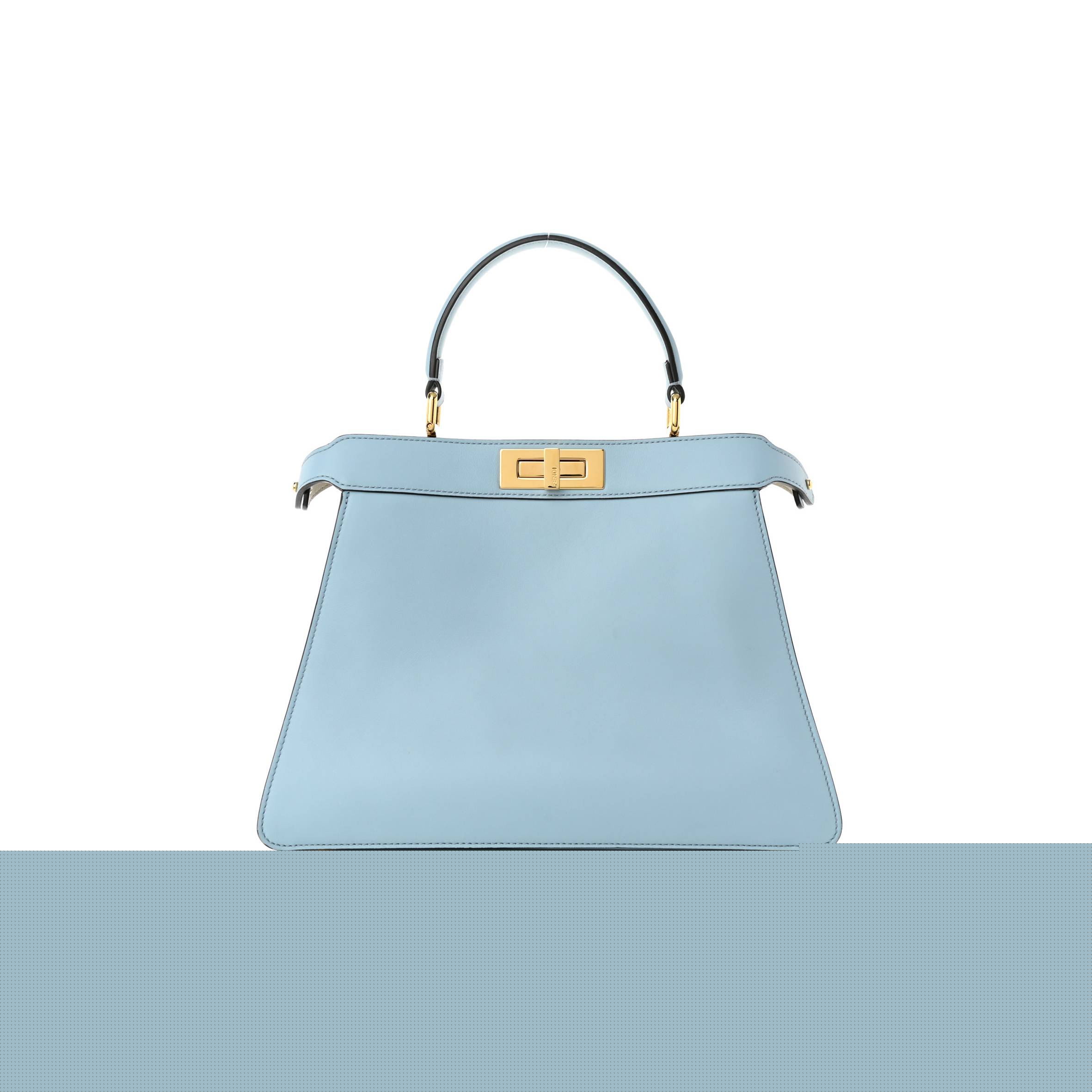 F**di vitello seta shiny nappa medium peekaboo i see u satchel azzurro baby camelia (33*24*13cm)