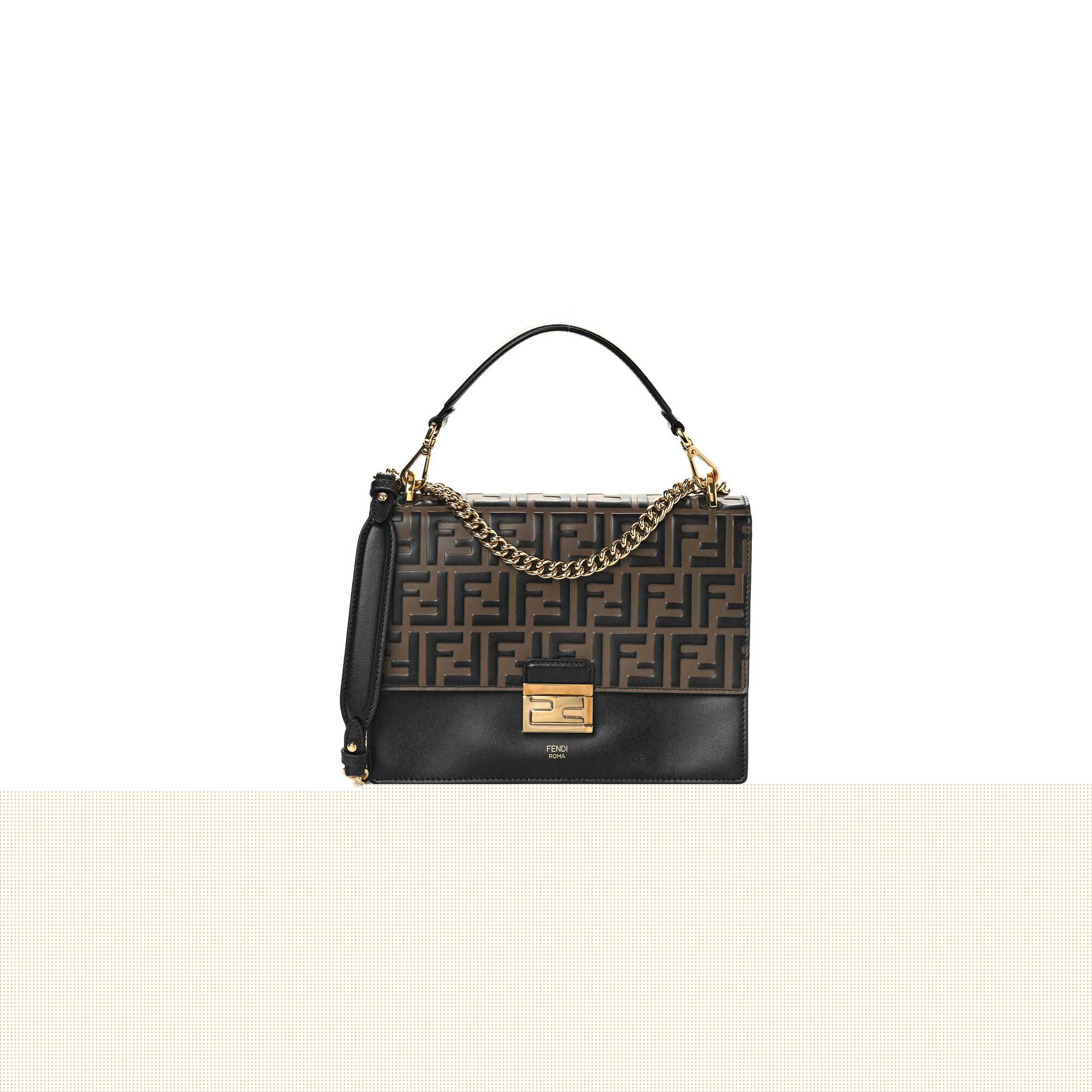 F**di vitello liberty bi-color ff 1974 embossed chain strap kan u shoulder bag black maya (25*20*8cm)